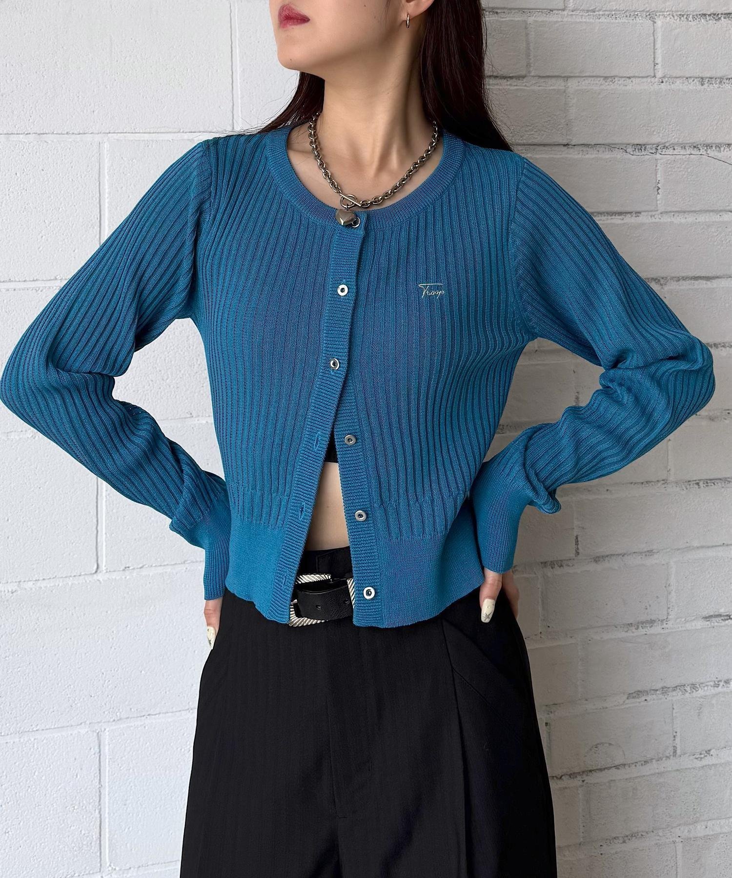 【ページボーイ/PAGEBOY】のシシュウロゴシアーリブカーディガン インテリア・キッズ・メンズ・レディースファッション・服の通販 founy(ファニー) 　ファッション　Fashion　レディースファッション　WOMEN　トップス・カットソー　Tops/Tshirt　カーディガン　Cardigans　カーディガン　Cardigan　コンパクト　Compact　ドット　Dot　メタル　Metal　ワンポイント　One Point　レトロブルー85|ID: prp329100004534910 ipo3291000000032048392