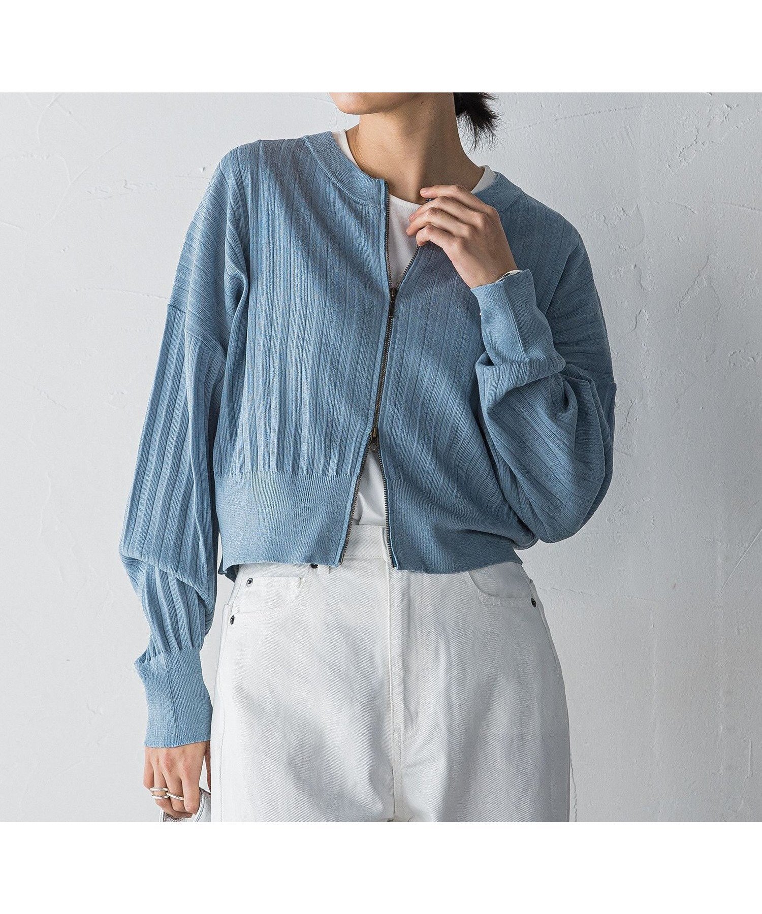 【メイソングレイ/MAYSON GREY】のプリーツジップカーディガン インテリア・キッズ・メンズ・レディースファッション・服の通販 founy(ファニー) 　ファッション　Fashion　レディースファッション　WOMEN　トップス・カットソー　Tops/Tshirt　カーディガン　Cardigans　インナー　Inner　カーディガン　Cardigan　コンパクト　Compact　シアー　Sheer　ジップ　Zip　プリーツ　Pleats　ボトム　Bottom　羽織　Haori　ルーズ　Loose　おすすめ　Recommend　ブルー|ID: prp329100004534952 ipo3291000000032048580