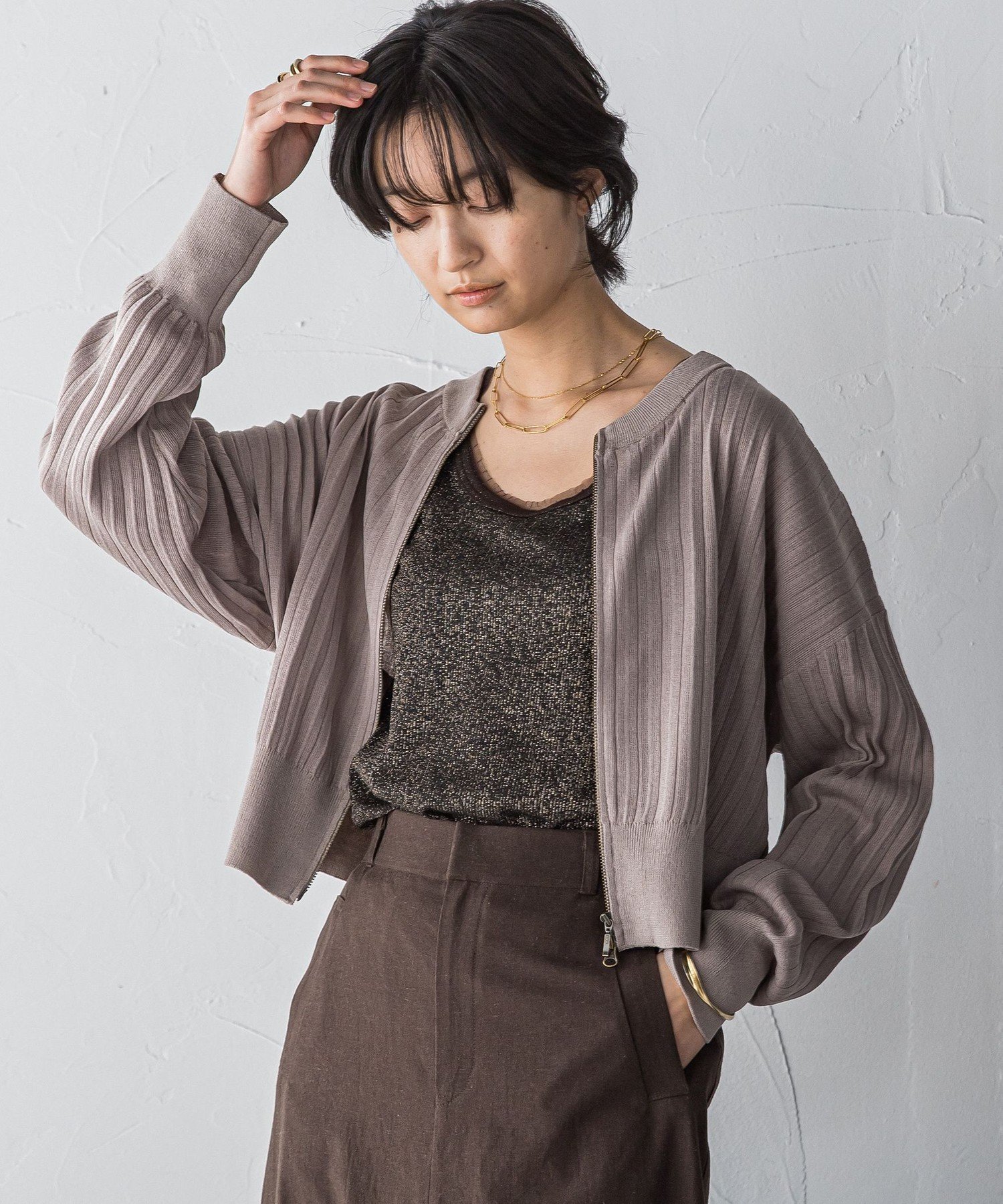 【メイソングレイ/MAYSON GREY】のプリーツジップカーディガン インテリア・キッズ・メンズ・レディースファッション・服の通販 founy(ファニー) 　ファッション　Fashion　レディースファッション　WOMEN　トップス・カットソー　Tops/Tshirt　カーディガン　Cardigans　インナー　Inner　カーディガン　Cardigan　コンパクト　Compact　シアー　Sheer　ジップ　Zip　プリーツ　Pleats　ボトム　Bottom　羽織　Haori　ルーズ　Loose　おすすめ　Recommend　ブラウン|ID: prp329100004534952 ipo3291000000032048583