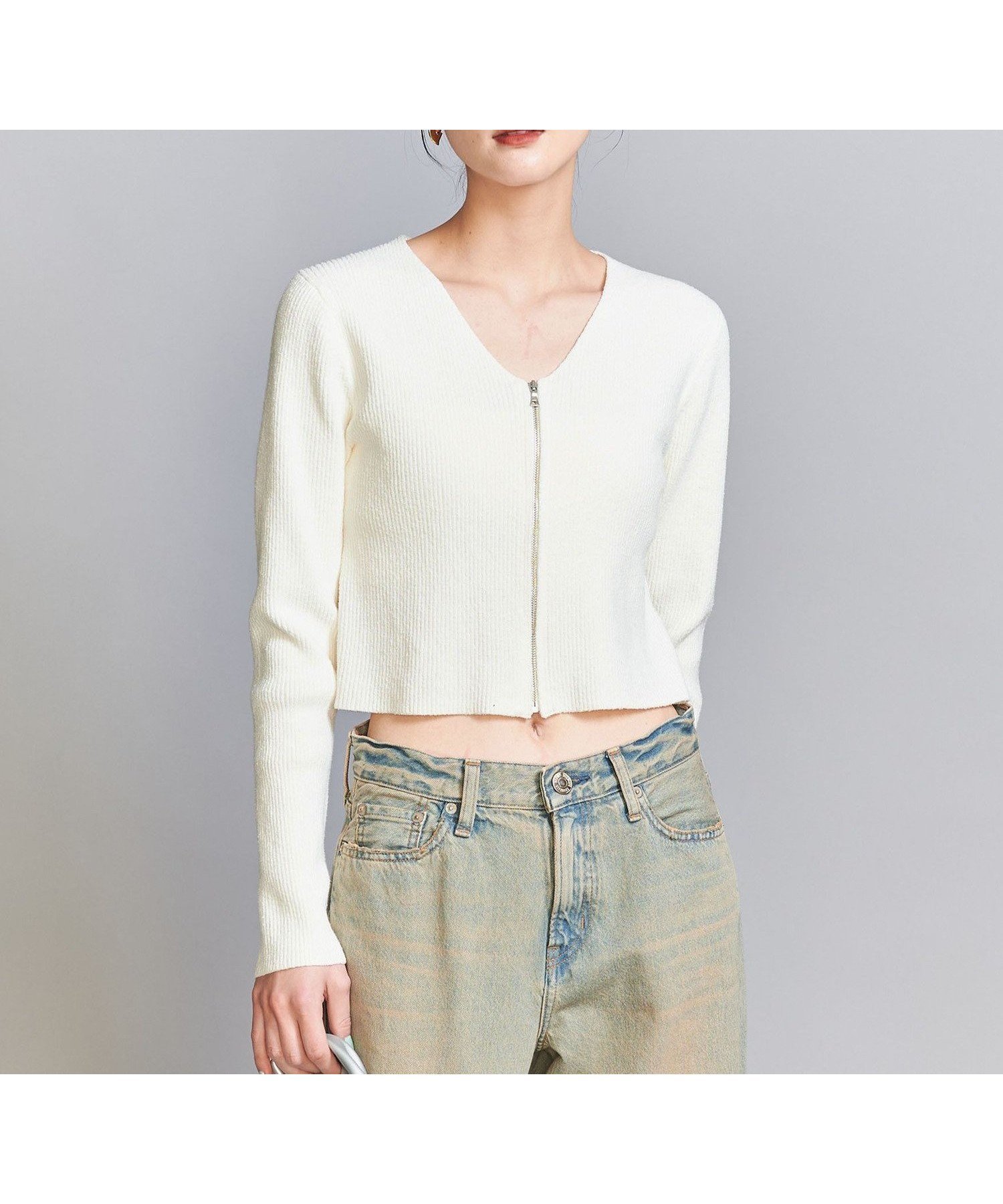 【ビューティ&ユース ユナイテッドアローズ/BEAUTY&YOUTH / UNITED ARROWS】のリブジップ Vネック カーディガン -ウォッシャブル- インテリア・キッズ・メンズ・レディースファッション・服の通販 founy(ファニー) 　ファッション　Fashion　レディースファッション　WOMEN　トップス・カットソー　Tops/Tshirt　カーディガン　Cardigans　Vネック　V-Neck　おすすめ　Recommend　ウォッシャブル　Washable　カーディガン　Cardigan　コンパクト　Compact　デニム　Denim　ボトム　Bottom　ラップ　Wrap　ロング　Long　羽織　Haori　OFF WHITE|ID: prp329100004535522 ipo3291000000032051800