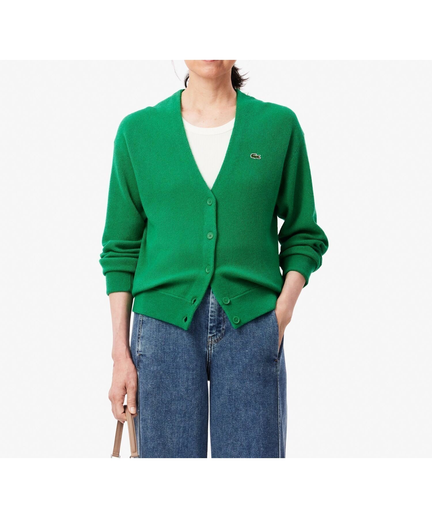 【ラコステ/LACOSTE】のプレーンVネックニットカーディガン インテリア・キッズ・メンズ・レディースファッション・服の通販 founy(ファニー) 　ファッション　Fashion　レディースファッション　WOMEN　トップス・カットソー　Tops/Tshirt　ニット　Knit Tops　カーディガン　Cardigans　Vネック　V-Neck　フロント　Front　プレーン　Plane　ラバー　Rubber　グリーン|ID: prp329100004535677 ipo3291000000032052547