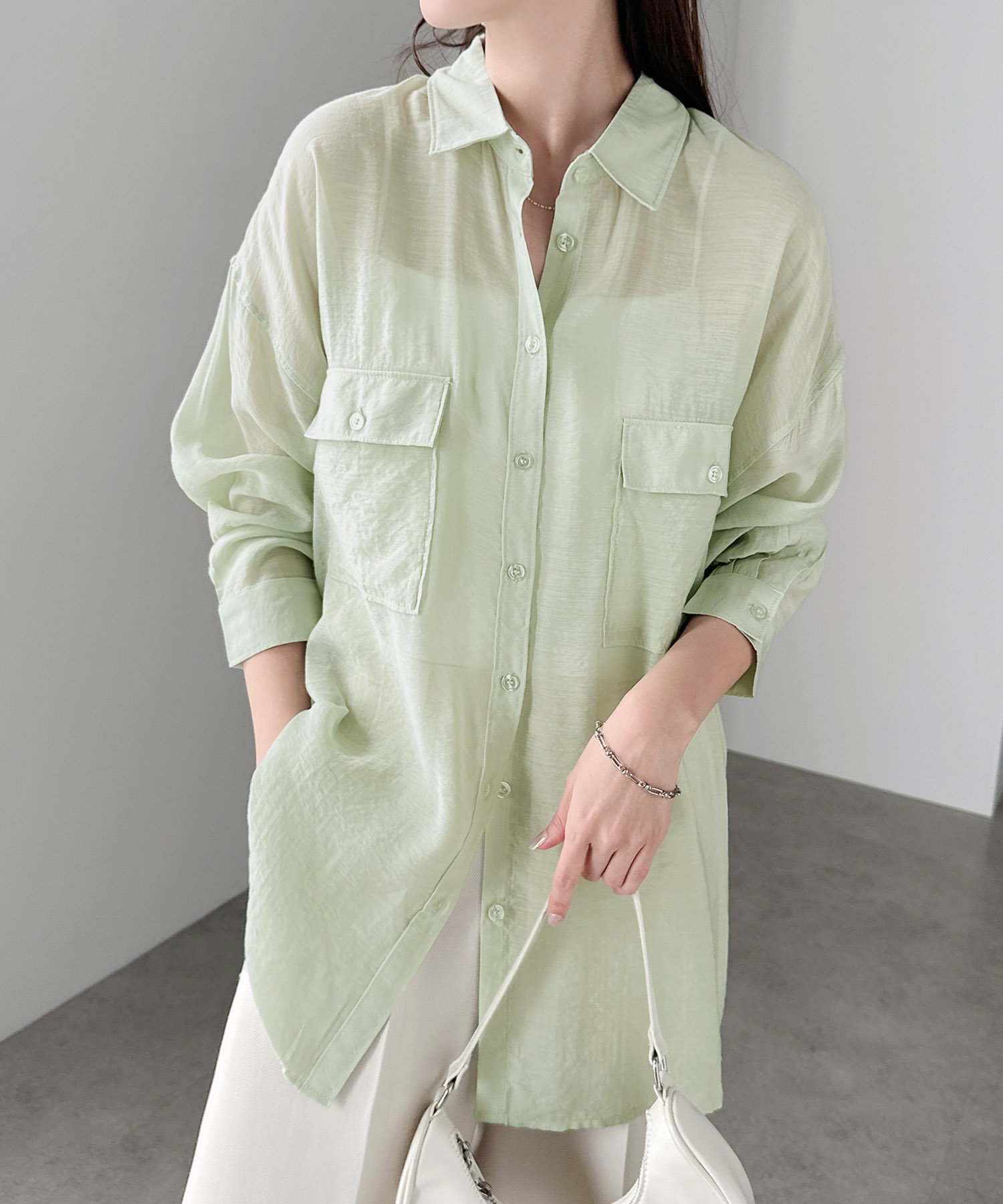 【その他のブランド/Other】のオーバーサイズ 長袖 シアーシャツ インテリア・キッズ・メンズ・レディースファッション・服の通販 founy(ファニー) 　ファッション　Fashion　レディースファッション　Fashion for Women　トップス・カットソー　Cut & Sew Tops　シャツ・ブラウス・オフィスカジュアル　Elegant Blouses & Button-Ups　おすすめ　Recommended / Our Picks　インナー　Innerwear　シアー　Sheer, See-Through　フロント　Front, Front Design　ボトム　Bottoms, Lower Wear　ワイド　Wide, Wide Fit　ワッシャー　Washer, Crinkled Finish　長袖　Long Sleeve, Full Sleeve　グリーン|ID: prp329100004535807 ipo3291000000032974306