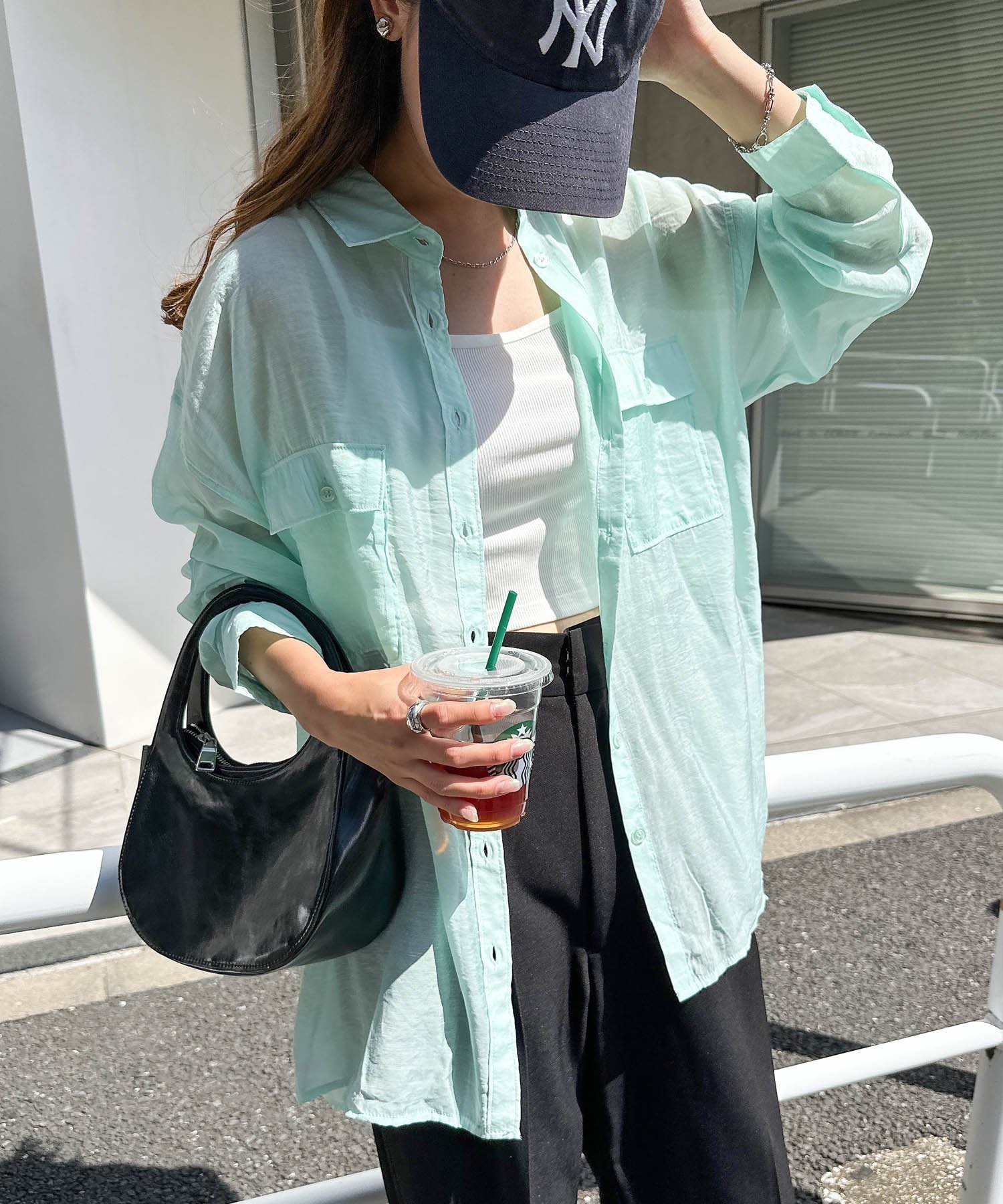 【その他のブランド/Other】のオーバーサイズ 長袖 シアーシャツ インテリア・キッズ・メンズ・レディースファッション・服の通販 founy(ファニー) 　ファッション　Fashion　レディースファッション　Fashion for Women　トップス・カットソー　Cut & Sew Tops　シャツ・ブラウス・オフィスカジュアル　Elegant Blouses & Button-Ups　おすすめ　Recommended / Our Picks　インナー　Innerwear　シアー　Sheer, See-Through　フロント　Front, Front Design　ボトム　Bottoms, Lower Wear　ワイド　Wide, Wide Fit　ワッシャー　Washer, Crinkled Finish　長袖　Long Sleeve, Full Sleeve　ミントグリーン|ID: prp329100004535807 ipo3291000000032974307