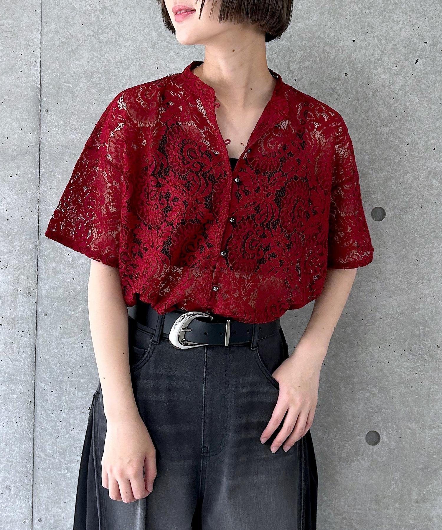 【ページボーイ/PAGEBOY】のレースバンドカラーシャツ インテリア・キッズ・メンズ・レディースファッション・服の通販 founy(ファニー) 　ファッション　Fashion　レディースファッション　Fashion for Women　トップス・カットソー　Cut & Sew Tops　シャツ・ブラウス・オフィスカジュアル　Elegant Blouses & Button-Ups　おすすめ　Recommended / Our Picks　メタル　Metal, Metal Parts　レース　Lace, Lace Fabric　羽織　Haori, Light Jacket　レッド35|ID: prp329100004536120 ipo3291000000032743472