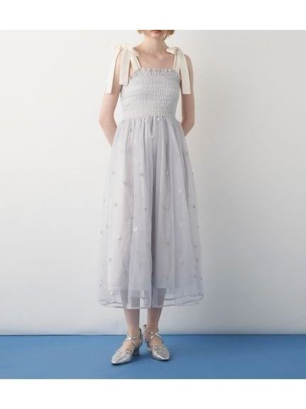 【ファーファー/FURFUR】のドットスパンコール刺繍ワンピース インテリア・キッズ・メンズ・レディースファッション・服の通販 founy(ファニー) 　ファッション　Fashion　レディースファッション　WOMEN　ワンピース　Dress　ギャザー　Gather　シャーリング　Shirring　スパンコール　Sequins　チュール　Tulle　ドット　Dot　フィット　Fit　フレア　Flare　リボン　Ribbon　LBLU[081]|ID: prp329100004536234 ipo3291000000032055447