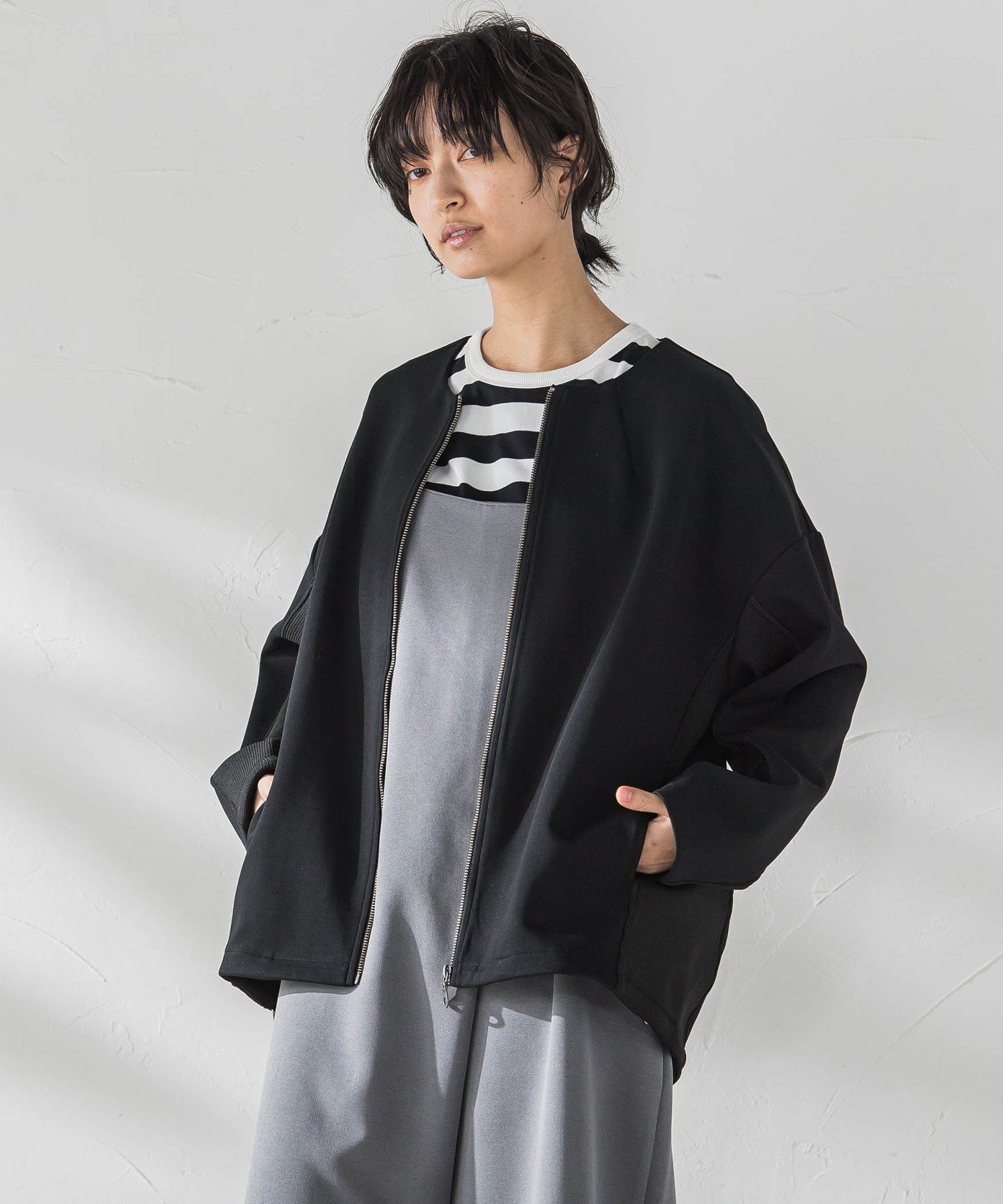 【メイソングレイ/MAYSON GREY】のダンボール*ニットノーカラーブルゾン≪手洗い可能≫ インテリア・キッズ・メンズ・レディースファッション・服の通販 founy(ファニー) 　ファッション　Fashion　レディースファッション　WOMEN　アウター　Coat Outerwear　ブルゾン　Blouson/Jackets　トップス・カットソー　Tops/Tshirt　ニット　Knit Tops　軽量　Lightweight　ジャージー　Jersey　バランス　Balance　パターン　Pattern　ブルゾン　Blouson　ミドル　Middle　無地　Plain Color　ロング　Long　ブラック|ID: prp329100004536413 ipo3291000000032056345