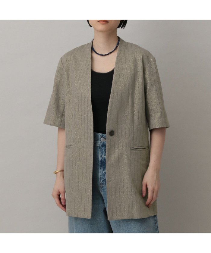 【その他のブランド/Other】のグリッターリネンノーカラージャケット インテリア・キッズ・メンズ・レディースファッション・服の通販 founy(ファニー) https://founy.com/ ファッション Fashion レディースファッション WOMEN アウター Coat Outerwear ジャケット Jackets ノーカラージャケット No Collar Leather Jackets ジャケット Jacket ストライプ Stripe セットアップ Set Up デニム Denim ハーフ Half フェミニン Feminine フロント Front リネン Linen 夏 Summer 春 Spring |ID: prp329100004536524 ipo3291000000032057138