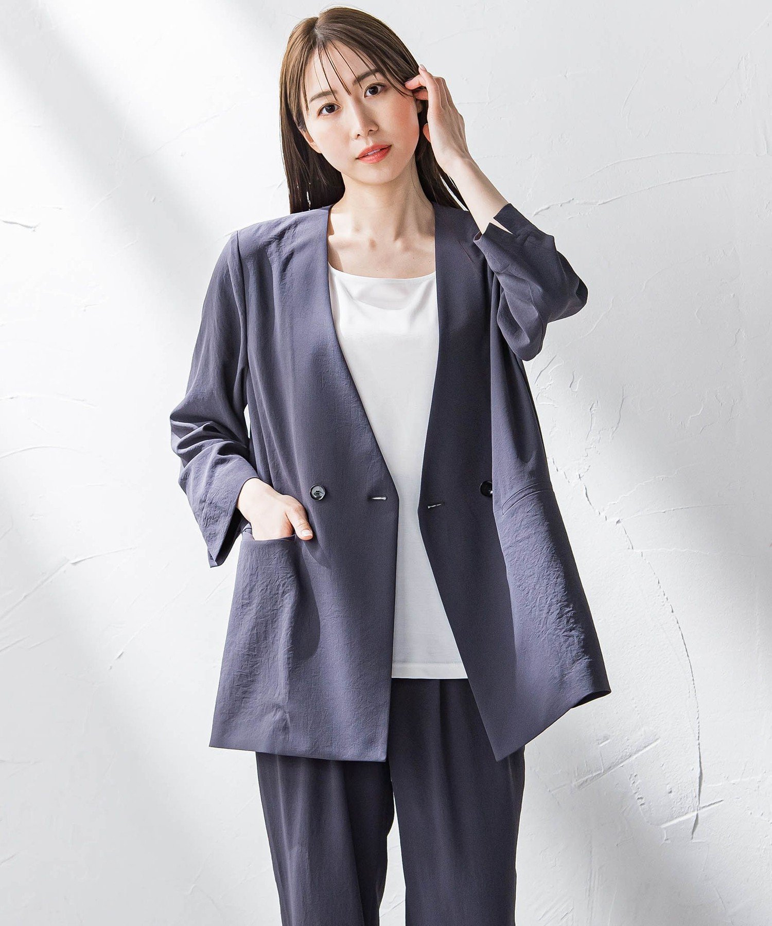 【ラ エフ/Laf…】のキレリジャケット≪手洗い可能≫ インテリア・キッズ・メンズ・レディースファッション・服の通販 founy(ファニー) 　ファッション　Fashion　レディースファッション　WOMEN　アウター　Coat Outerwear　ジャケット　Jackets　カーディガン　Cardigan　ジャケット　Jacket　ストレッチ　Stretch　ダブル　Double　リラックス　Relax　夏　Summer　ビジネス 仕事 通勤　Business　チャコールグレー|ID: prp329100004536528 ipo3291000000032057167