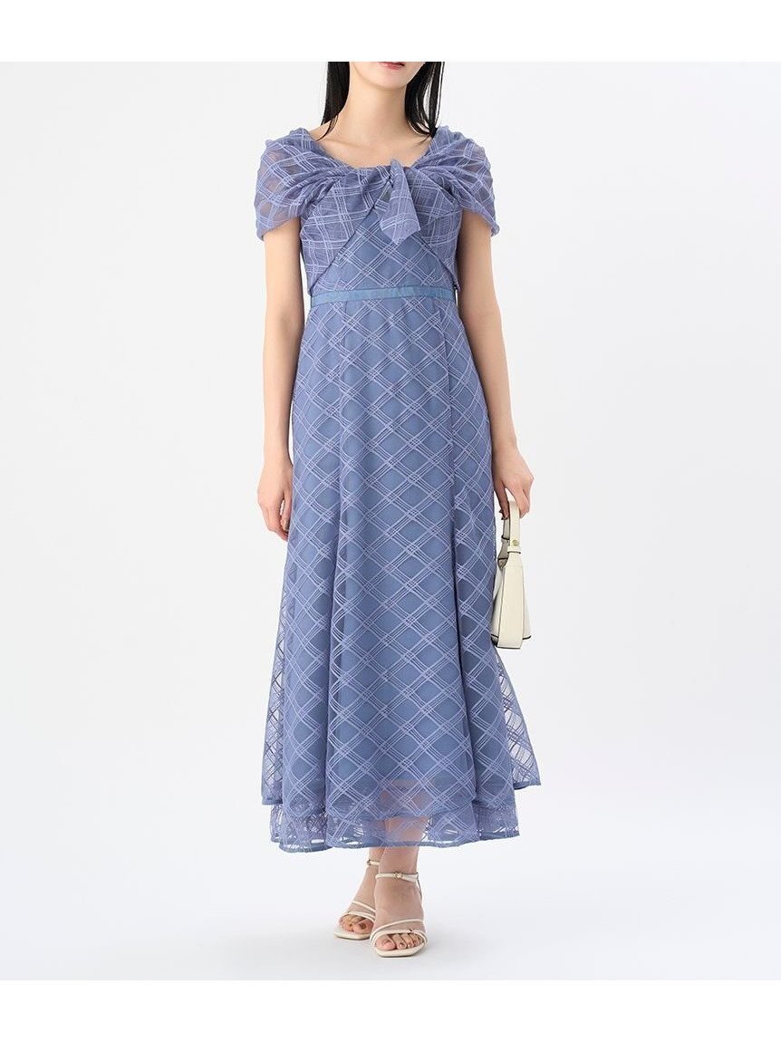 【セルフォード/CELFORD】のチェックチュールドレス インテリア・キッズ・メンズ・レディースファッション・服の通販 founy(ファニー) 　ファッション　Fashion　レディースファッション　WOMEN　ワンピース　Dress　ドレス　Party Dresses　エレガント 上品　Elegant　オフショルダー　Off Shoulder　チェック　Check　チュール　Tulle　デコルテ　Decolletage　ヘムライン　Hemline　マーメイド　Mermaid　リボン　Ribbon　BLU[086]|ID: prp329100004536539 ipo3291000000032057259