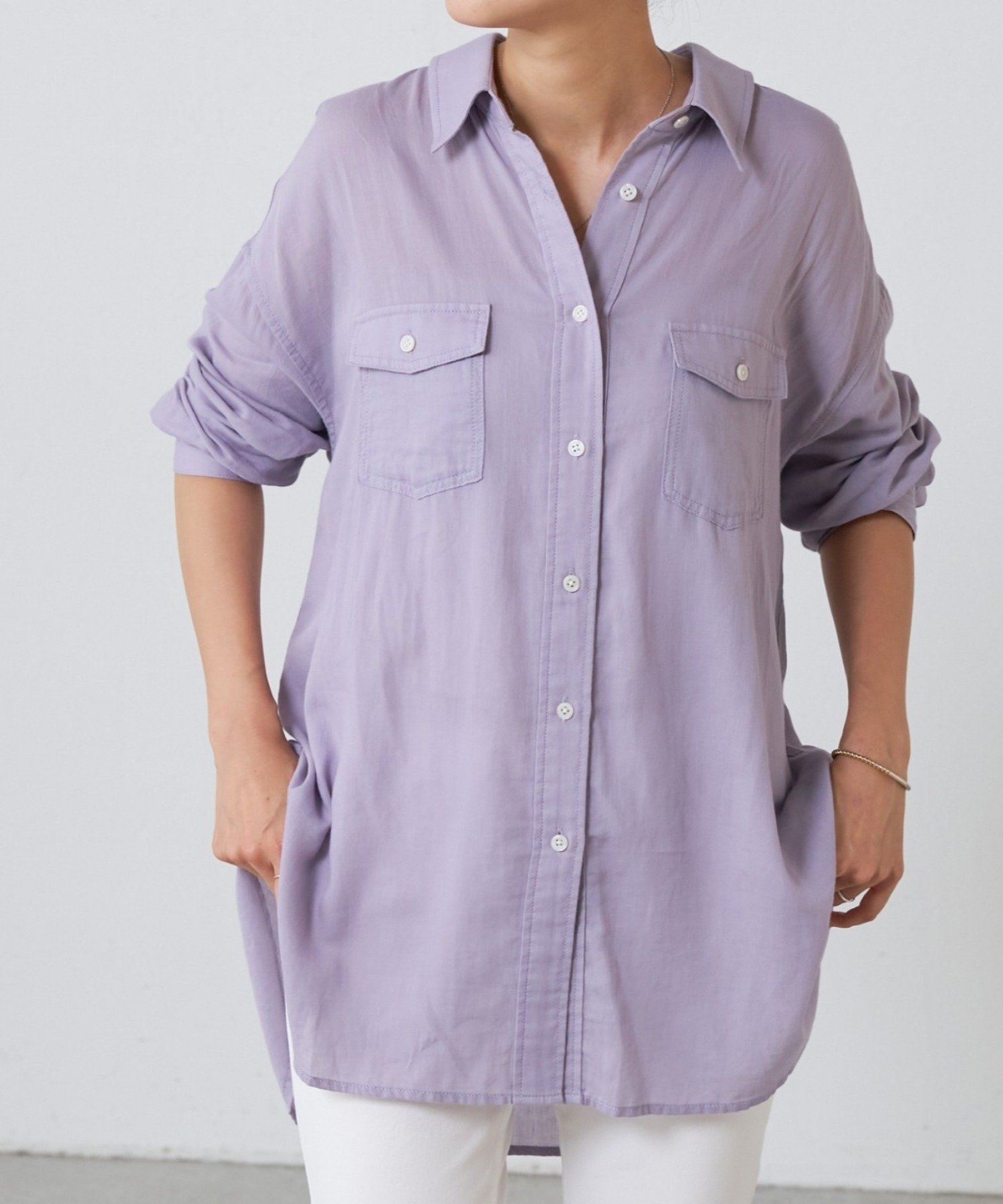 【ビアズリー/BEARDSLEY】のシフォンデニムシャツ インテリア・キッズ・メンズ・レディースファッション・服の通販 founy(ファニー) 　ファッション　Fashion　レディースファッション　Fashion for Women　トップス・カットソー　Cut & Sew Tops　シャツ・ブラウス・オフィスカジュアル　Elegant Blouses & Button-Ups　なめらか　Smooth, Silky Texture　カットソー　Cut and Sewn Top　シアー　Sheer, See-Through　シフォン　Chiffon, Lightweight Fabric　デニム　Denim, Jeans Material　ボトム　Bottoms, Lower Wear　ロング　Long, Long-Length　ワイド　Wide, Wide Fit　バイオレット|ID: prp329100004536597 ipo3291000000033849803