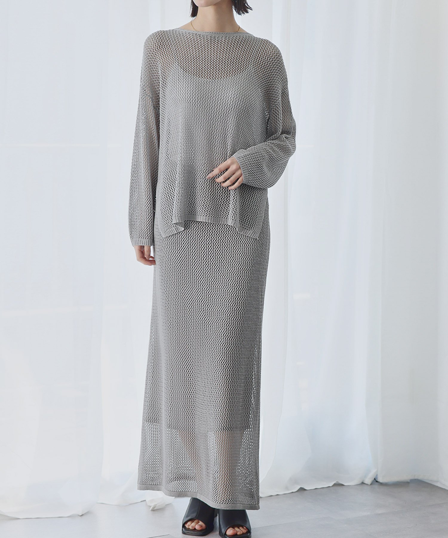【ガール/GIRL】のメッシュニットシアープルオーバー・ナロースカート セットアップ 上下セット インテリア・キッズ・メンズ・レディースファッション・服の通販 founy(ファニー) 　ファッション　Fashion　レディースファッション　WOMEN　セットアップ　Setup　スカート　Skirt　セットアップ　Set Up　再入荷　Restock/Back In Stock/Re Arrival　楽ちん　Easy　GRY|ID: prp329100004536618 ipo3291000000032058043