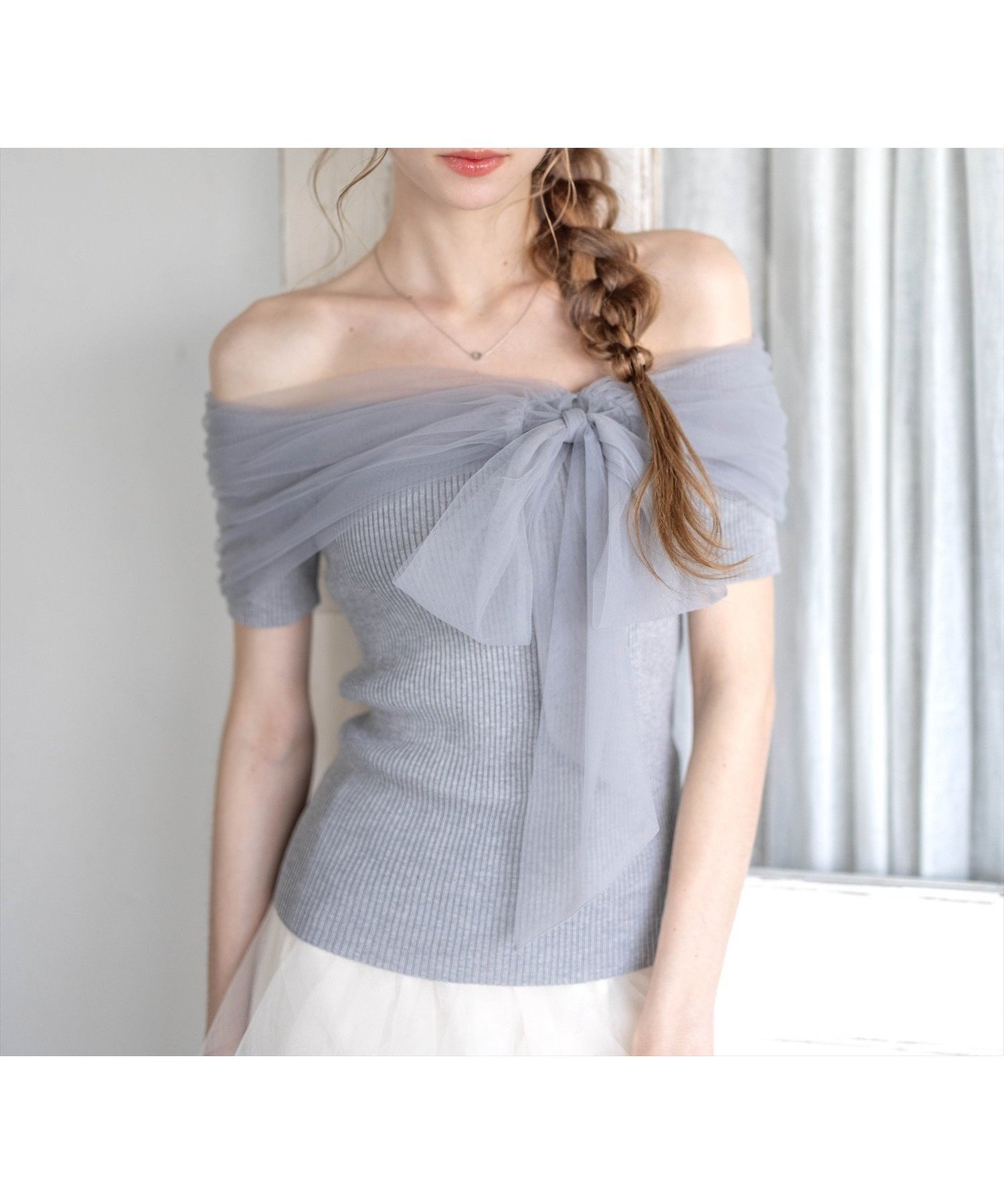 【クリア/clear】のチュールリボンデザインニットトップス インテリア・キッズ・メンズ・レディースファッション・服の通販 founy(ファニー) 　ファッション　Fashion　レディースファッション　WOMEN　トップス・カットソー　Tops/Tshirt　ニット　Knit Tops　おすすめ　Recommend　オフショル　Off Shoulder　チュール　Tulle　ネックレス　Necklace　フェミニン　Feminine　フレア　Flare　マーメイド　Mermaid　GY|ID: prp329100004536906 ipo3291000000032059770