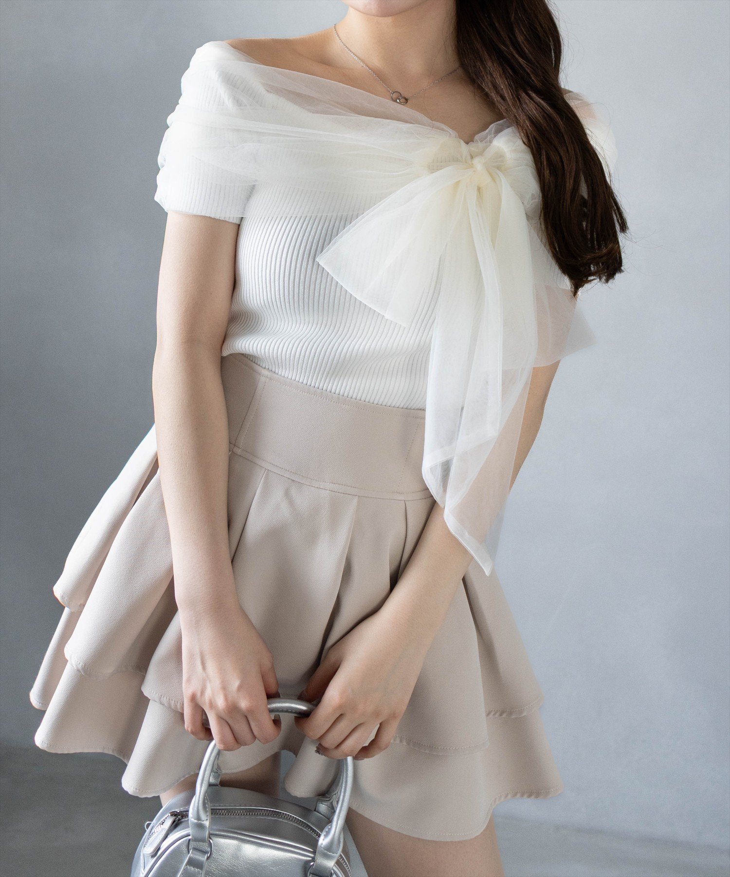 【クリア/clear】のチュールリボンデザインニットトップス インテリア・キッズ・メンズ・レディースファッション・服の通販 founy(ファニー) 　ファッション　Fashion　レディースファッション　WOMEN　トップス・カットソー　Tops/Tshirt　ニット　Knit Tops　おすすめ　Recommend　オフショル　Off Shoulder　チュール　Tulle　ネックレス　Necklace　フェミニン　Feminine　フレア　Flare　マーメイド　Mermaid　OWH|ID: prp329100004536906 ipo3291000000032059771