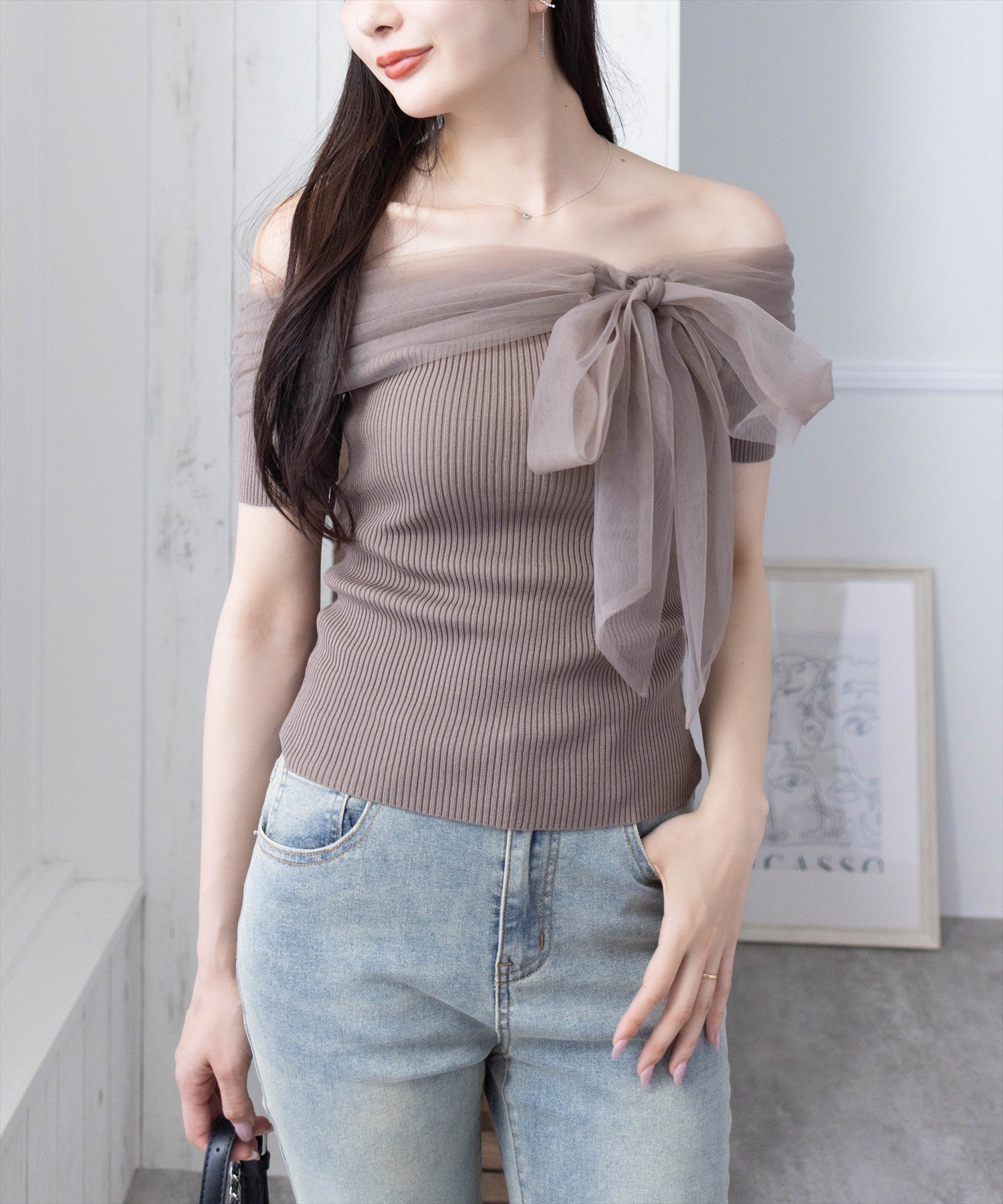 【クリア/clear】のチュールリボンデザインニットトップス インテリア・キッズ・メンズ・レディースファッション・服の通販 founy(ファニー) 　ファッション　Fashion　レディースファッション　Fashion for Women　トップス・カットソー　Cut & Sew Tops　ニット　Knit Tops & Sweaters　おすすめ　Recommended / Our Picks　チュール　Tulip, Tulip Motif　ネックレス　Necklace, Pendant Necklace　フェミニン　Feminine, Girly　フレア　Flare, Flared　マーメイド　Mermaid, Fishtail Silhouette　MO|ID: prp329100004536906 ipo3291000000033279667