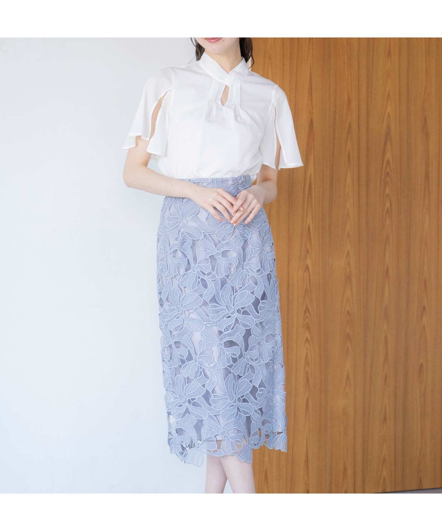 【ノエラ/Noela】のリボンレースナロースカート インテリア・キッズ・メンズ・レディースファッション・服の通販 founy(ファニー) 　ファッション　Fashion　レディースファッション　Ladies' Fashion Online　スカート　Skirt　エレガント 上品　Elegant　シンプル　Simple　トレンド　Trend　バランス　Balance　フィット　Fit　フェミニン　Feminine　ベスト　Vest　ポケット　Pocket　モチーフ　Motif　リボン　Ribbon　レース　Race　透かし　Watermark　サックス|ID: prp329100004537024 ipo3291000000032576673