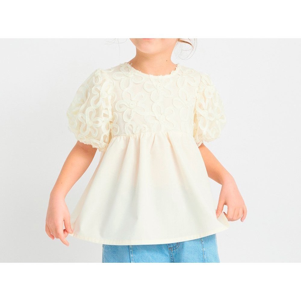 【ブランシェス/branshes / KIDS】の【プチレディ】フラワーチュールブラウス インテリア・キッズ・メンズ・レディースファッション・服の通販 founy(ファニー) 　ファッション　Fashion　キッズファッション　KIDS Children’s Clothing　おすすめ　Recommend　シアー　Sheer　デニム　Denim　アイボリー|ID: prp329100004537075 ipo3291000000032608179