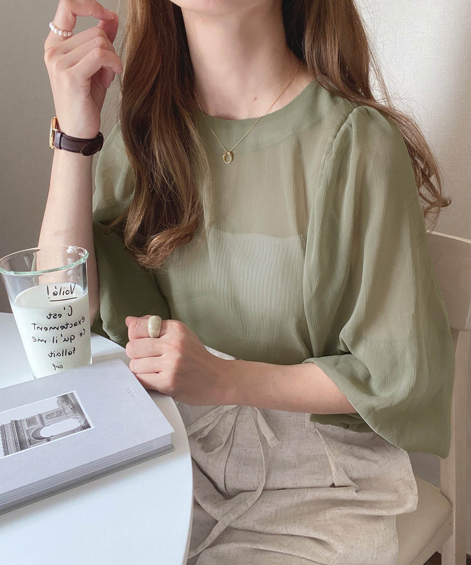 【ジュノア/JUNOAH】のバルーンスリーブシアーブラウス インテリア・キッズ・メンズ・レディースファッション・服の通販 founy(ファニー) 　ファッション　Fashion　レディースファッション　WOMEN　トップス・カットソー　Tops/Tshirt　シャツ/ブラウス　Shirts/Blouses　カーキ|ID: prp329100004537568 ipo3291000000032294976