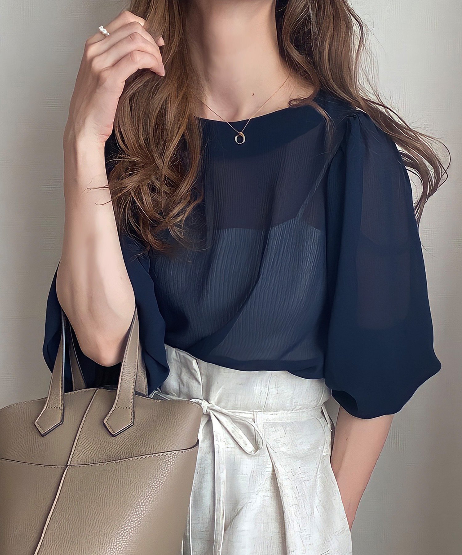 【ジュノア/JUNOAH】のバルーンスリーブシアーブラウス インテリア・キッズ・メンズ・レディースファッション・服の通販 founy(ファニー) 　ファッション　Fashion　レディースファッション　WOMEN　トップス・カットソー　Tops/Tshirt　シャツ/ブラウス　Shirts/Blouses　ネイビー|ID: prp329100004537568 ipo3291000000032294978