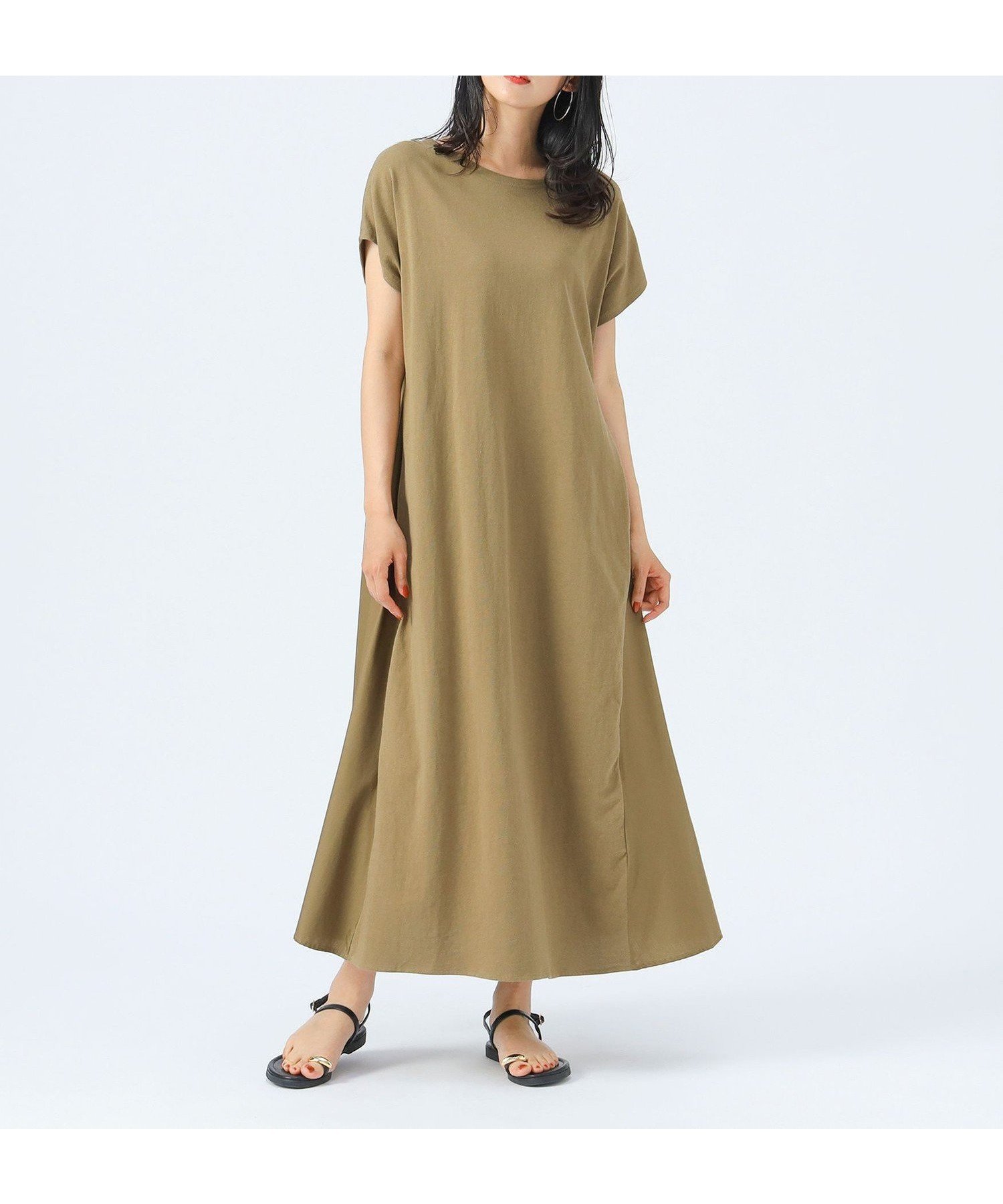 【ビームス ハート/BEAMS HEART】の後ボタン 異素材 ワンピース インテリア・キッズ・メンズ・レディースファッション・服の通販 founy(ファニー) 　ファッション　Fashion　レディースファッション　Ladies' Fashion Online　ワンピース　Dress　おすすめ　Recommend　カットソー　Cut And Sew　シンプル　Simple　スリーブ　Sleeve　センター　Center　デニム　Denim　フレンチ　French　フロント　Front　ブロード　Broad　ロング　Long　切替　Switching　OLIVE|ID: prp329100004537666 ipo3291000000032667429