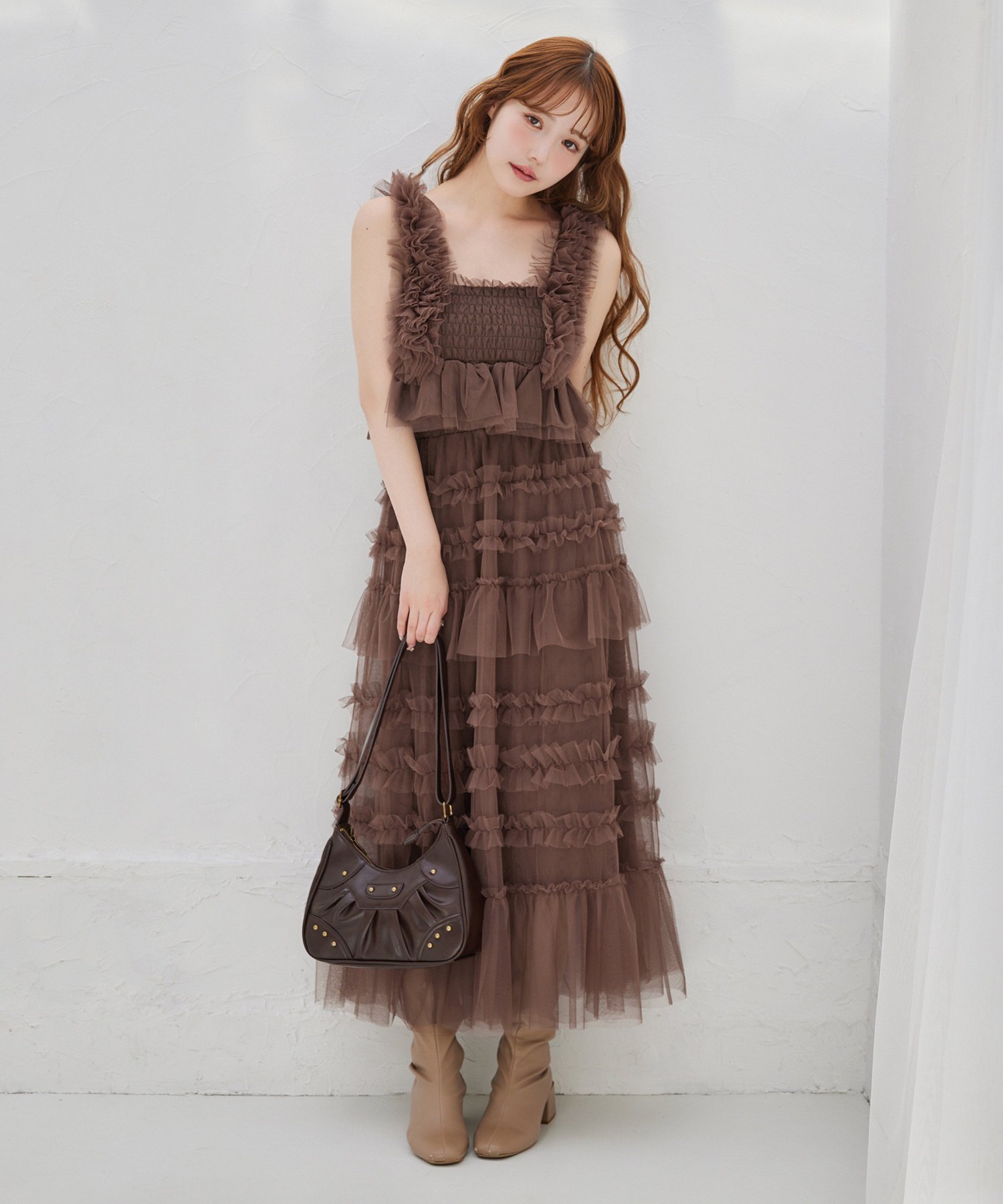 【ナイスクラップ/NICE CLAUP】のフリルチュールロングスカート インテリア・キッズ・メンズ・レディースファッション・服の通販 founy(ファニー) 　ファッション　Fashion　レディースファッション　WOMEN　スカート　Skirt　ロングスカート　Long Skirt　おすすめ　Recommend　アクセサリー　Accessories　カットソー　Cut And Sew　シンプル　Simple　ダウン　Down　チュール　Tulle　ティアードスカート　Tiered Skirt　トレーナー　Trainer　ビスチェ　Bustier　フリル　Frills　楽ちん　Easy　ブラウン|ID: prp329100004537854 ipo3291000000032214384
