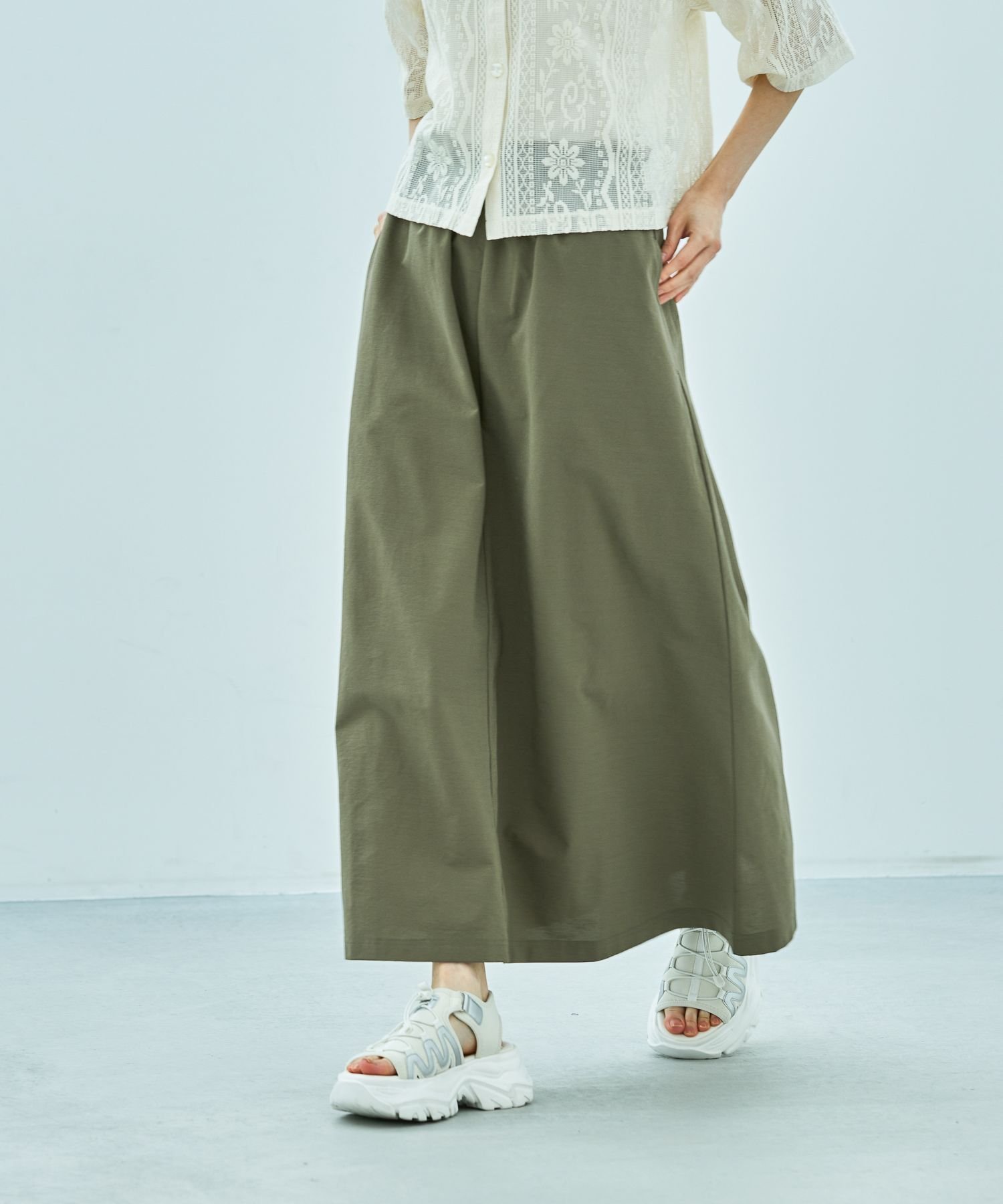【ラコレ/LAKOLE】のカットドロストスカート インテリア・キッズ・メンズ・レディースファッション・服の通販 founy(ファニー) 　ファッション　Fashion　レディースファッション　Fashion for Women　スカート　Skirts　おすすめ　Recommended / Our Picks　ストレッチ　Stretch, Stretchy Fabric　スピンドル　Spindle, Drawcord　セットアップ　Set-Up, Coordinated Outfit　バランス　Balance, Style Balance　フレア　Flare, Flared　カーキ|ID: prp329100004537882 ipo3291000000032538844