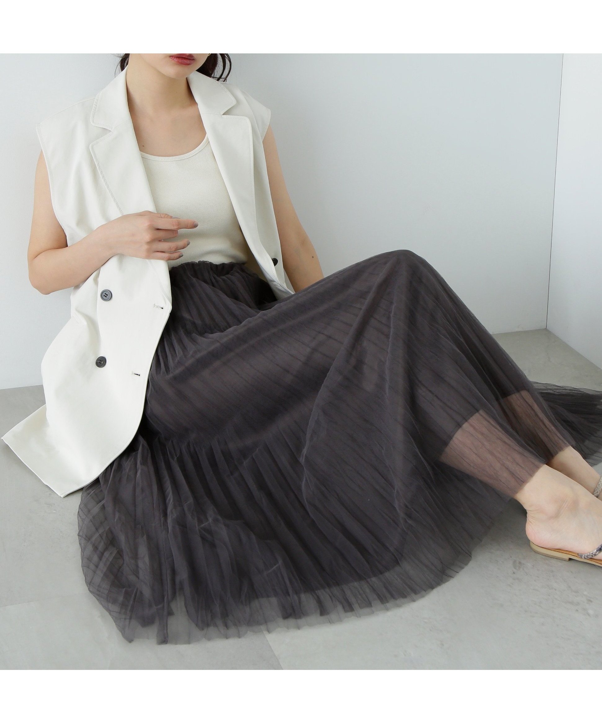 【エヌ ナチュラルビューティーベーシック/N.Natural Beauty basic】のランダムプリーツチュールスカート インテリア・キッズ・メンズ・レディースファッション・服の通販 founy(ファニー) 　ファッション　Fashion　レディースファッション　Fashion for Women　スカート　Skirts　フェミニン　Feminine, Girly　プリーツ　Pleats, Pleated　ランダム　Random, Irregular　チャコール1|ID: prp329100004537904 ipo3291000000032724153