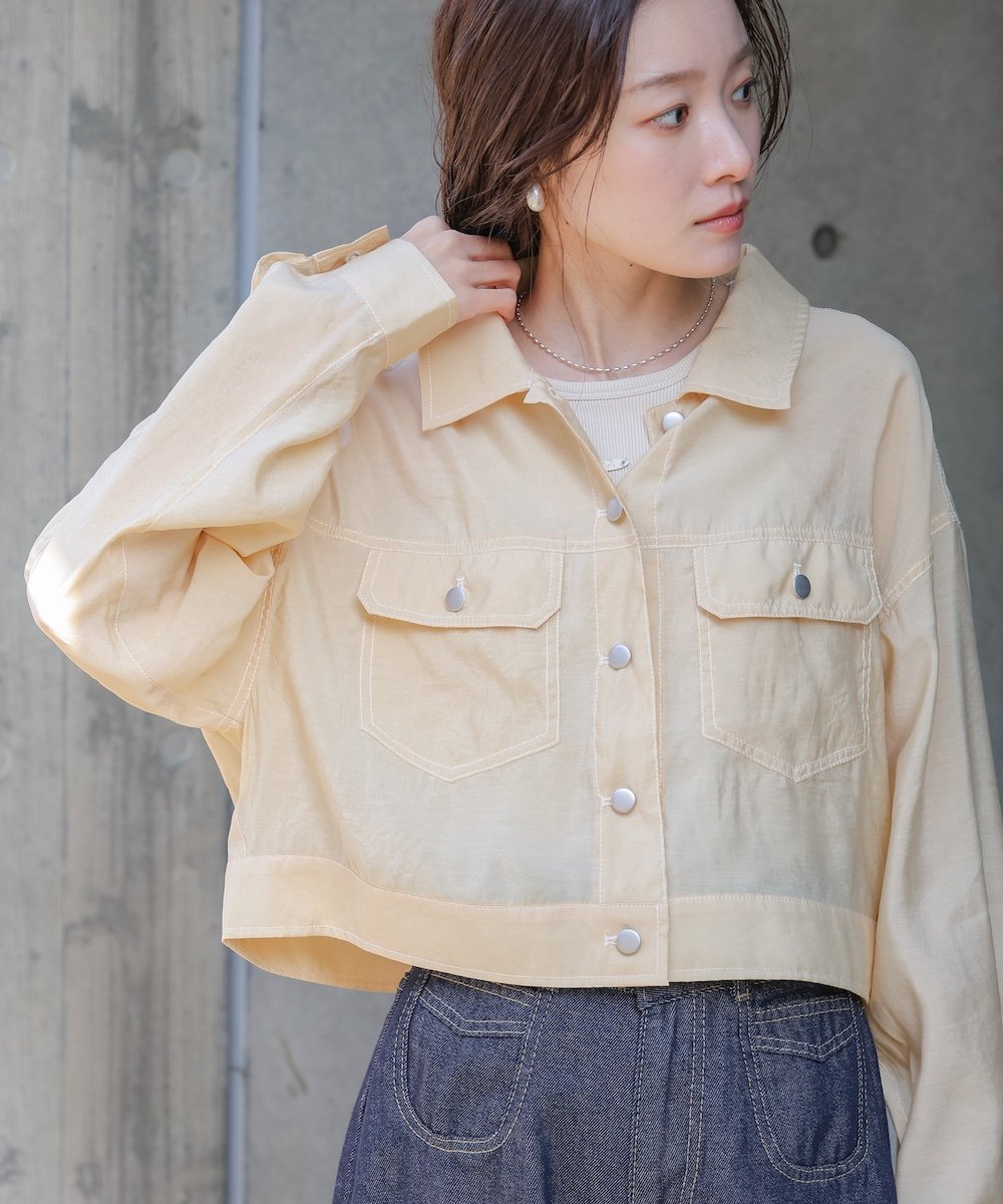 【バブ ブージュルード/Bab Bou Jeloud】のシアーシャツブルゾン インテリア・キッズ・メンズ・レディースファッション・服の通販 founy(ファニー) 　ファッション　Fashion　レディースファッション　Fashion for Women　アウター　Coat / Outerwear Collection　ブルゾンジャケット・スポーティアウター　Blouson Jackets　トップス・カットソー　Cut & Sew Tops　シャツ・ブラウス・オフィスカジュアル　Elegant Blouses & Button-Ups　おすすめ　Recommended / Our Picks　オーガンジー　Organza Fabric　クール　Cool, Chic　シアー　Sheer, See-Through　ショート　Short, Short Length　シンプル　Simple, Minimal　ジャケット　Jacket, Outerwear　ジーンズ　Jeans, Denim Pants　スラックス　Slacks, Dress Pants　デニム　Denim, Jeans Material　バランス　Balance, Style Balance　ブルゾン　Blouson, Bomber Jacket　BEIGE|ID: prp329100004537971 ipo3291000000033057630