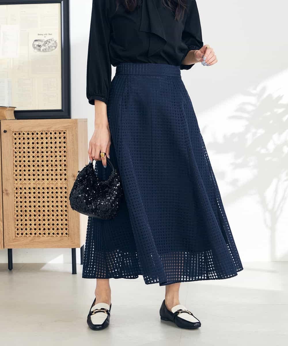 【アー ヴェー ヴェー/a.v.v】のシアーチェックフレアスカート インテリア・キッズ・メンズ・レディースファッション・服の通販 founy(ファニー) 　ファッション　Fashion　レディースファッション　Fashion for Women　スカート　Skirts　Aライン・フレアスカート　A-Line & Flared Skirts　オーガンジー　Organza Fabric　シアー　Sheer, See-Through　スウェット / スエット　Sweatshirt, Sweatwear　チェック　Check, Plaid, Tartan　トレンド　Trend, Trending Now　フェミニン　Feminine, Girly　フレア　Flare, Flared　リブニット　Rib Knit, Ribbed Knit　再入荷　Restock / Back in Stock　おすすめ　Recommended / Our Picks　エレガント 上品　Elegant　ネイビー|ID: prp329100004538076 ipo3291000000032723929