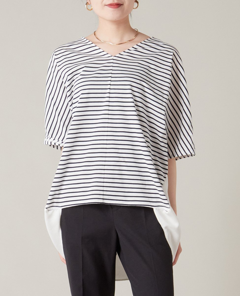 【その他のブランド/Other】のVネック布帛コンビトップス インテリア・キッズ・メンズ・レディースファッション・服の通販 founy(ファニー) 　ファッション　Fashion　レディースファッション　WOMEN　トップス・カットソー　Tops/Tshirt　Vネック　V-Neck　カットソー　Cut And Sew　コンパクト　Compact　コンビ　Combination　サテン　Satin　ボーダー|ID: prp329100004538467 ipo3291000000032069071