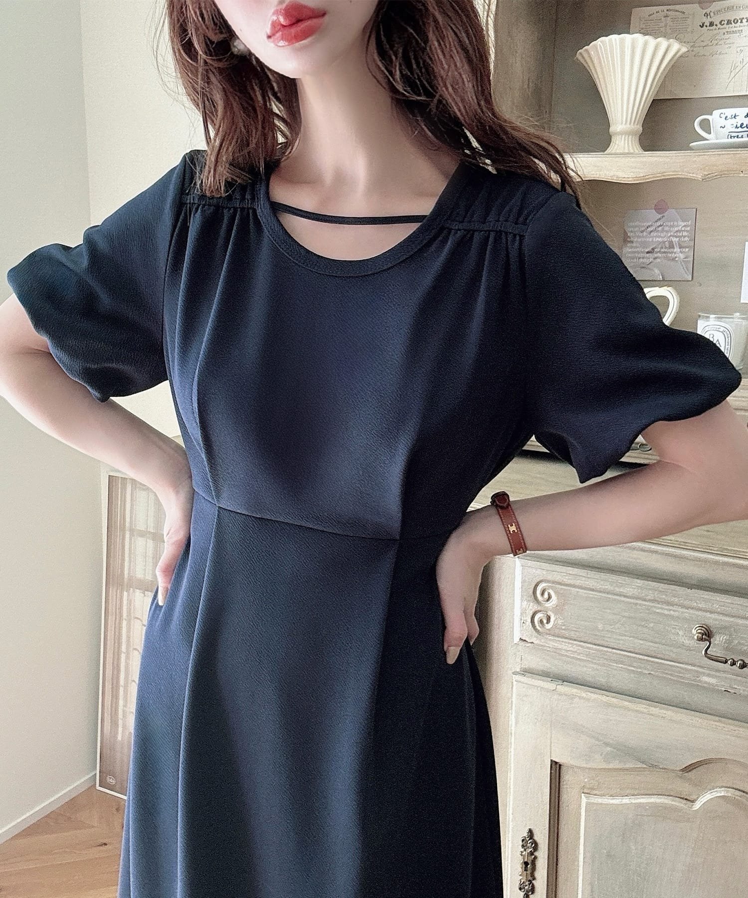 【ジュノア/JUNOAH】のMeiru ウエストタックデザインワンピース インテリア・キッズ・メンズ・レディースファッション・服の通販 founy(ファニー) 　ファッション　Fashion　レディースファッション　WOMEN　ワンピース　Dress　ネイビー|ID: prp329100004538506 ipo3291000000032305826