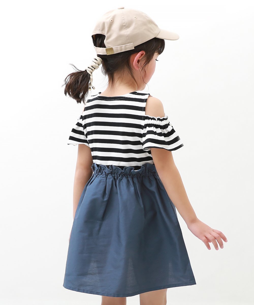 【デビロック/devirock / KIDS】のオフショル ドッキングワンピース インテリア・キッズ・メンズ・レディースファッション・服の通販 founy(ファニー) 　ファッション　Fashion　キッズファッション　KIDS　ワンピース　Dress/Kids　オフショル　Off Shoulder　オフショルダー　Off Shoulder　キャップ　Cap　サンダル　Sandals　スニーカー　Sneakers　ドッキング　Docking　ブロード　Broad　007-ボーダー-ブルーグレー|ID: prp329100004538746 ipo3291000000032070435