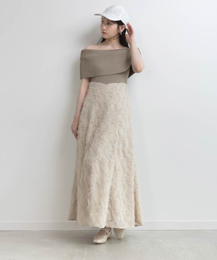 【ランダ/RANDA】のオフショルニットドッキングワンピース インテリア・キッズ・メンズ・レディースファッション・服の通販 founy(ファニー) 　ファッション　Fashion　レディースファッション　WOMEN　ワンピース　Dress　シューズ　Shoes　トレンド　Trend　ドッキング　Docking　フィット　Fit　フレア　Flare　KHAKI|ID: prp329100004538780 ipo3291000000032119911