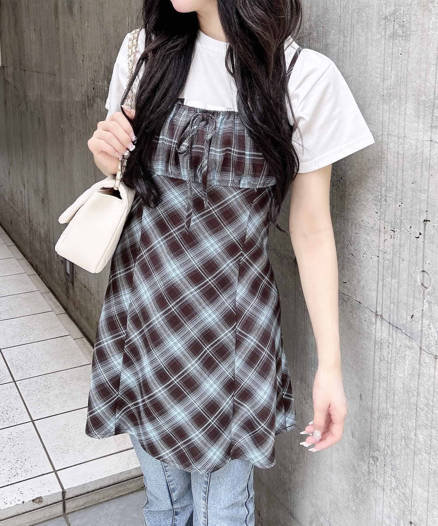 【イング/INGNI】のチェック柄ミニキャミワンピース インテリア・キッズ・メンズ・レディースファッション・服の通販 founy(ファニー) 　ファッション　Fashion　レディースファッション　Fashion for Women　ワンピース　Dresses　キャミソールワンピース　Camisole Dresses　インナー　Innerwear　カーディガン　Cardigan, Knitwear　ガーリー　Girly, Feminine Style　ジップ　Zip, Zipper　スマホ　Smartphone, Mobile Device　チェック　Check, Plaid, Tartan　バランス　Balance, Style Balance　おすすめ　Recommended / Our Picks　ブルー/チェック|ID: prp329100004538823 ipo3291000000032729553