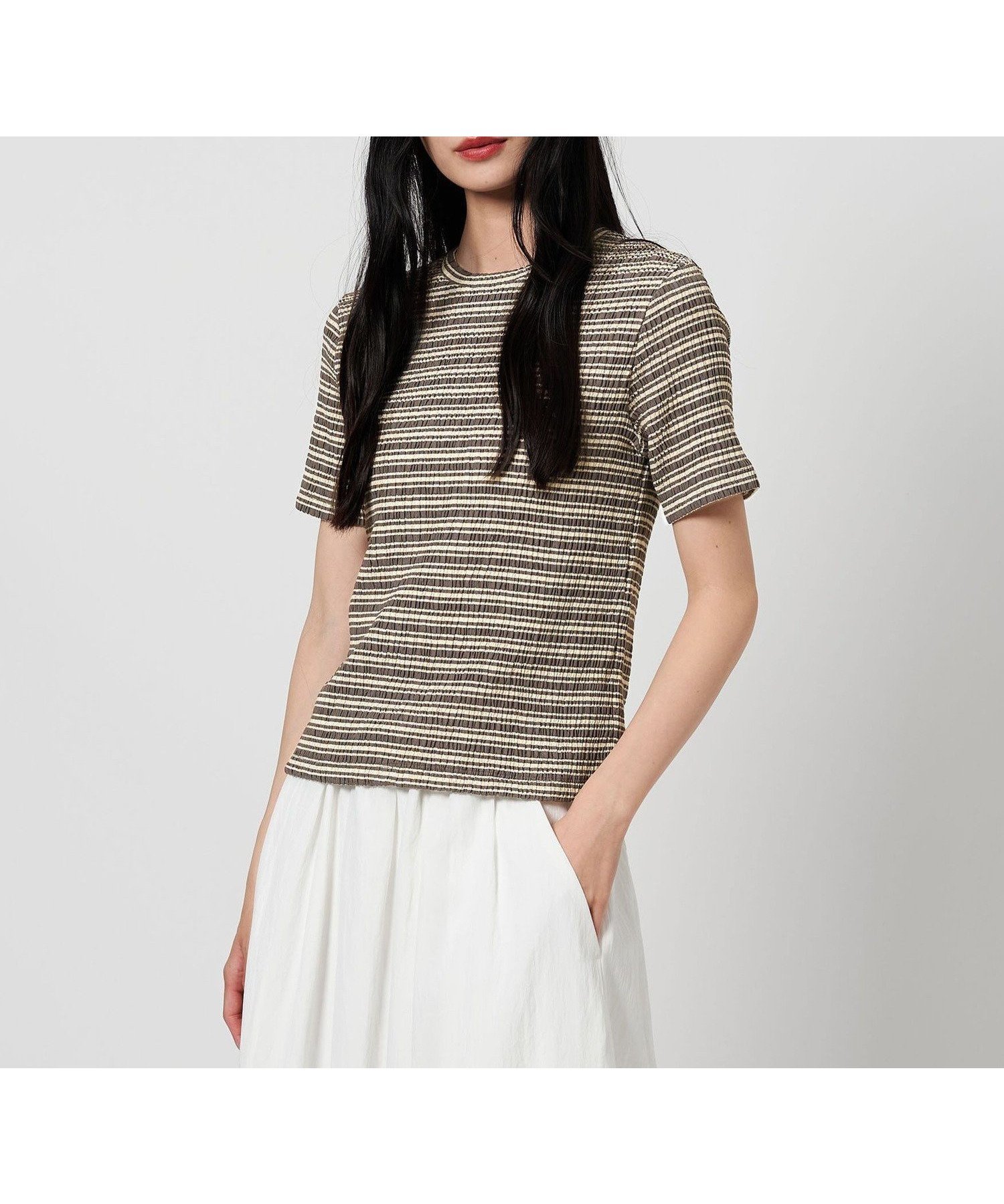 【ビューティ&ユース ユナイテッドアローズ/BEAUTY&YOUTH / UNITED ARROWS】のシャーリング ボーダー Tシャツ インテリア・キッズ・メンズ・レディースファッション・服の通販 founy(ファニー) 　ファッション　Fashion　レディースファッション　WOMEN　トップス・カットソー　Tops/Tshirt　シャツ/ブラウス　Shirts/Blouses　ロング / Tシャツ　T-Shirts　おすすめ　Recommend　コンパクト　Compact　シャーリング　Shirring　ショート　Short　シンプル　Simple　トレンド　Trend　フォルム　Form　ボトム　Bottom　ボーダー　Border　DK.BROWN|ID: prp329100004538872 ipo3291000000032418161