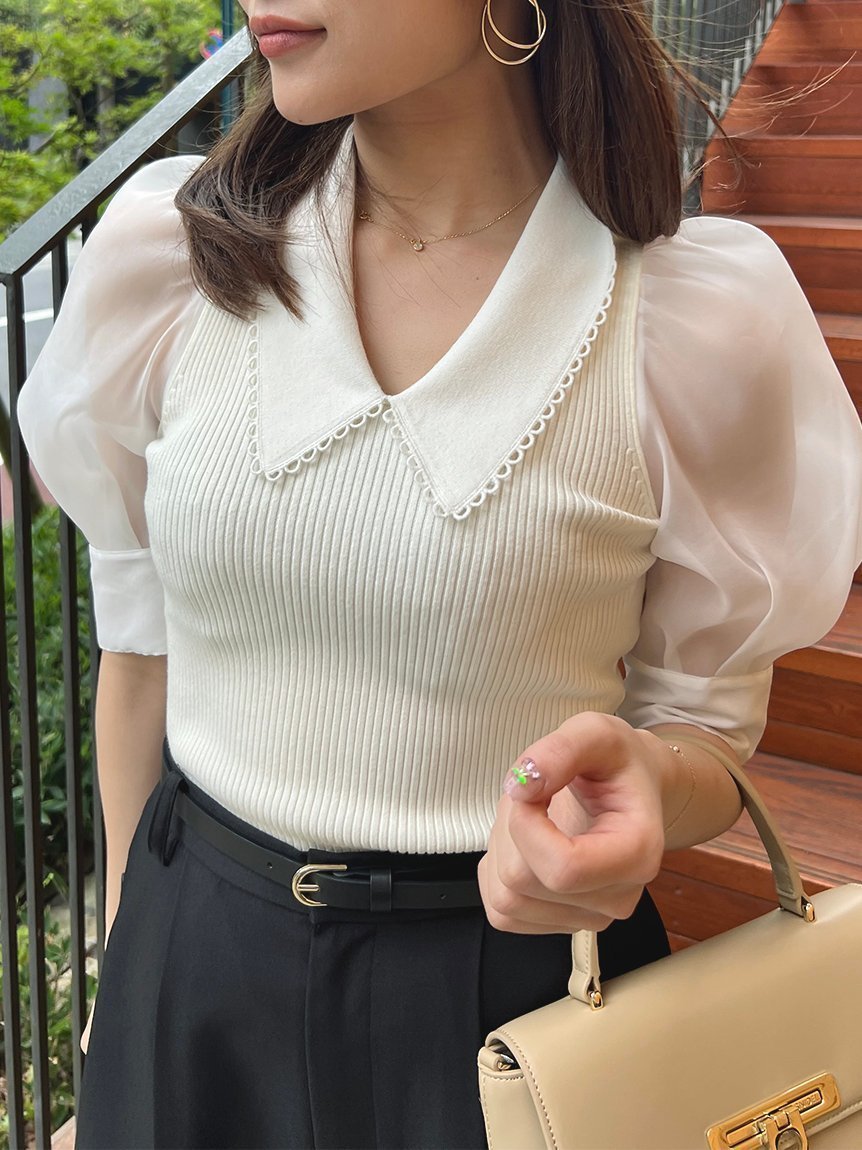 【スナイデル/SNIDEL】のSustainable襟付きシアーニットプルオーバー 人気、トレンドファッション・服の通販 founy(ファニー) 　ファッション　Fashion　レディースファッション　Fashion for Women　トップス・カットソー　Cut & Sew Tops　ニット　Knit Tops & Sweaters　カジュアルプルオーバー・ニットトップス　Pullovers & Knit Tops / Casual Pullovers　イエロー　Yellow　クラシカル　Classical, Vintage-Inspired　シフォン　Chiffon, Lightweight Fabric　スリーブ　Sleeve, Long Sleeve / Short Sleeve　トレンド　Trend, Trending Now　フィット　Fit, Slim Fit　レース　Lace, Lace Fabric　エレガント 上品　Elegant　人気　Popular, Best Seller　今季　This Season, Current Season　定番　Standard, Basic Item　 other-1|ID: prp329100004539123 ipo3291000000032698149