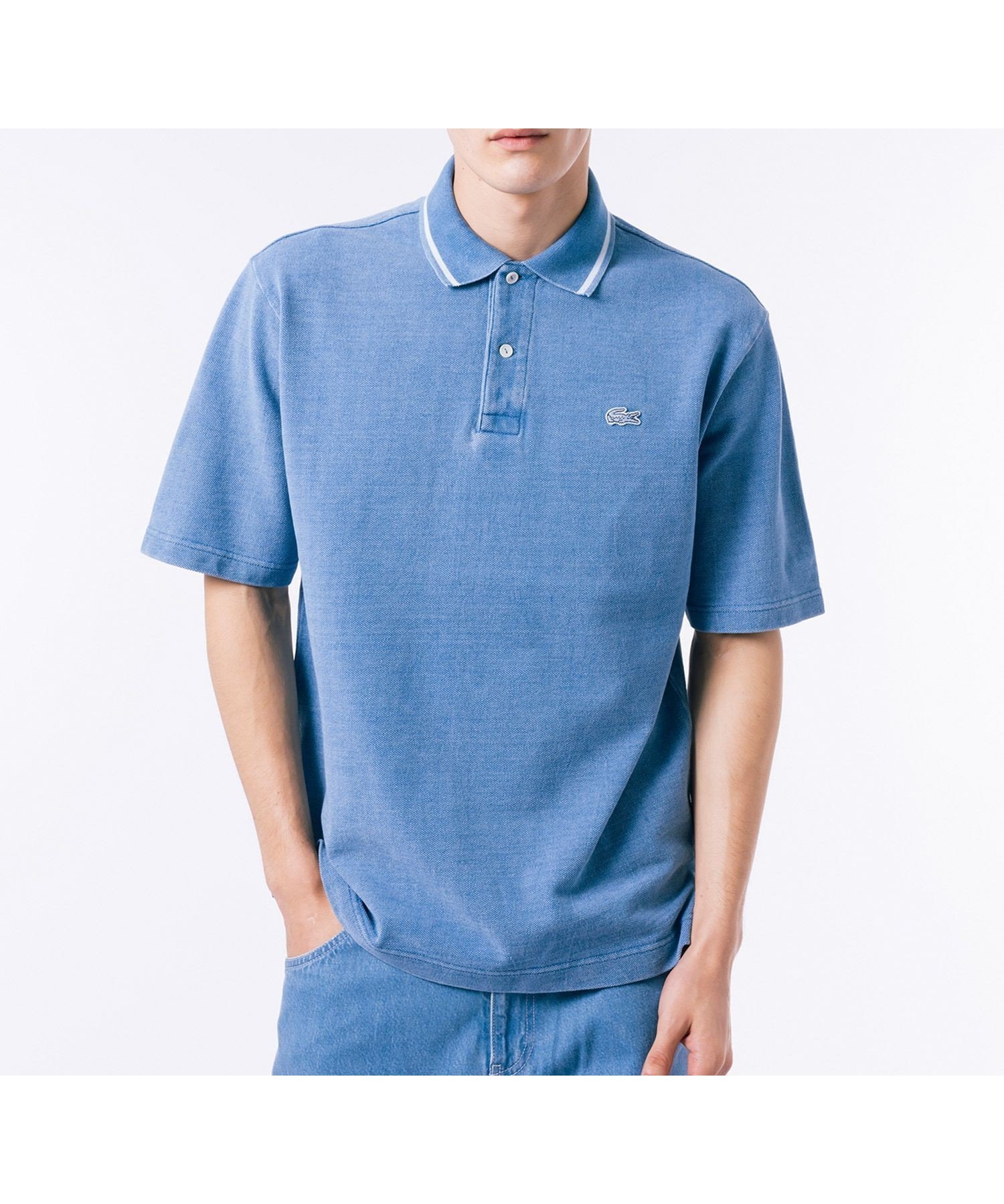 【ラコステ/LACOSTE / MEN】の配色リブニットインディゴポロシャツ インテリア・キッズ・メンズ・レディースファッション・服の通販 founy(ファニー) 　ファッション　Fashion　メンズファッション　Fashion for Men　スポーティ　Sporty, Casual Athletic　スマート　Smart, Elegant　デニム　Denim, Jeans Material　トレンド　Trend, Trending Now　ポロシャツ　Polo Shirt, Collared Tee　リブニット　Rib Knit, Ribbed Knit　ヴィンテージ　Vintage Style　人気　Popular, Best Seller　定番　Standard, Basic Item　鹿の子　Piqué, Kanoko Fabric　ブル-グレ-|ID: prp329100004539132 ipo3291000000033448651