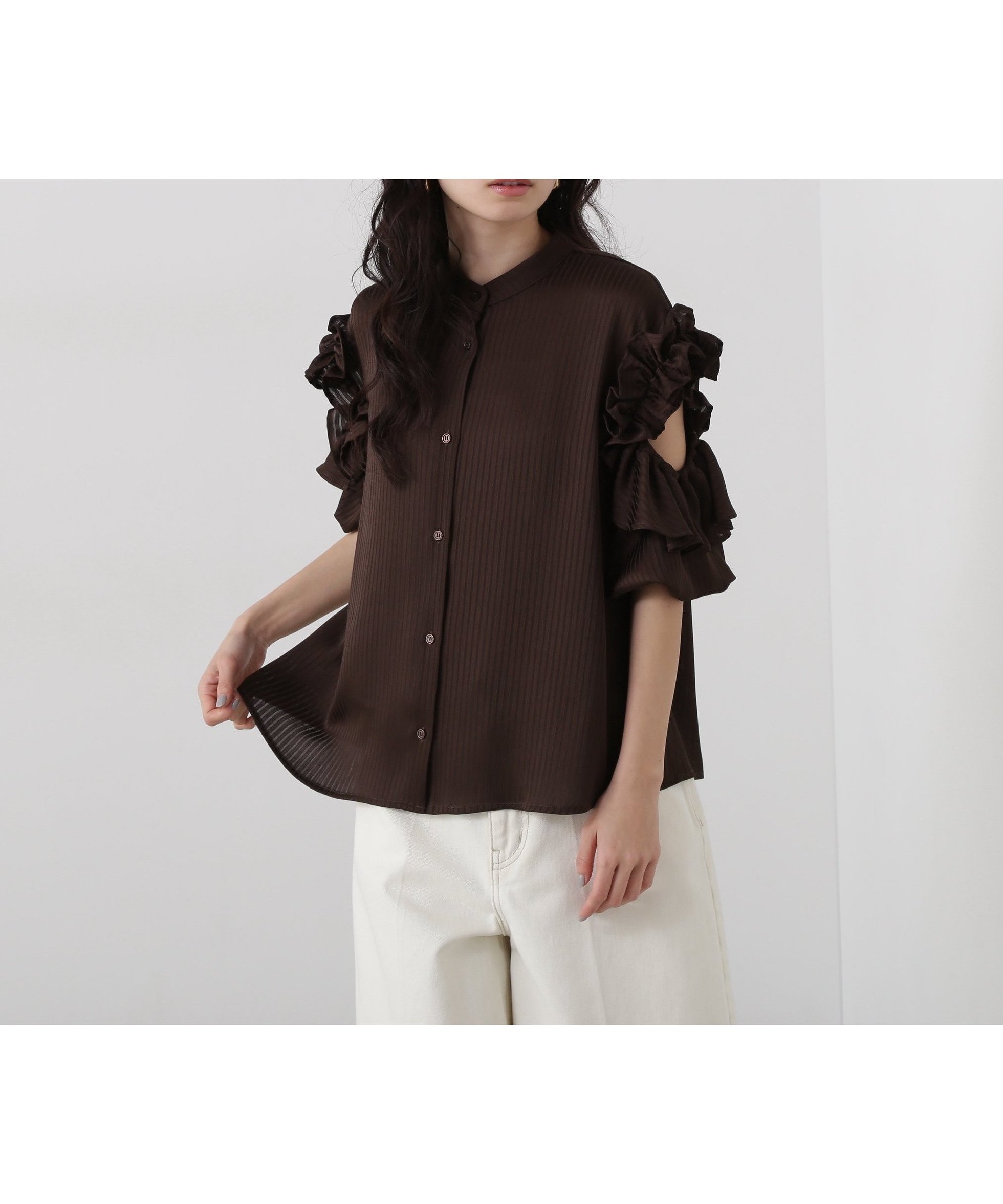 【エヌ ナチュラルビューティーベーシック/N.Natural Beauty basic】のラッフルスリーブブラウス インテリア・キッズ・メンズ・レディースファッション・服の通販 founy(ファニー) 　ファッション　Fashion　レディースファッション　WOMEN　トップス・カットソー　Tops/Tshirt　シャツ/ブラウス　Shirts/Blouses　カッティング　Cutting　コンシャス　Conscious　ストライプ　Stripe　フェミニン　Feminine　ラッフル　Raffle　ブラウン|ID: prp329100004539303 ipo3291000000032295655