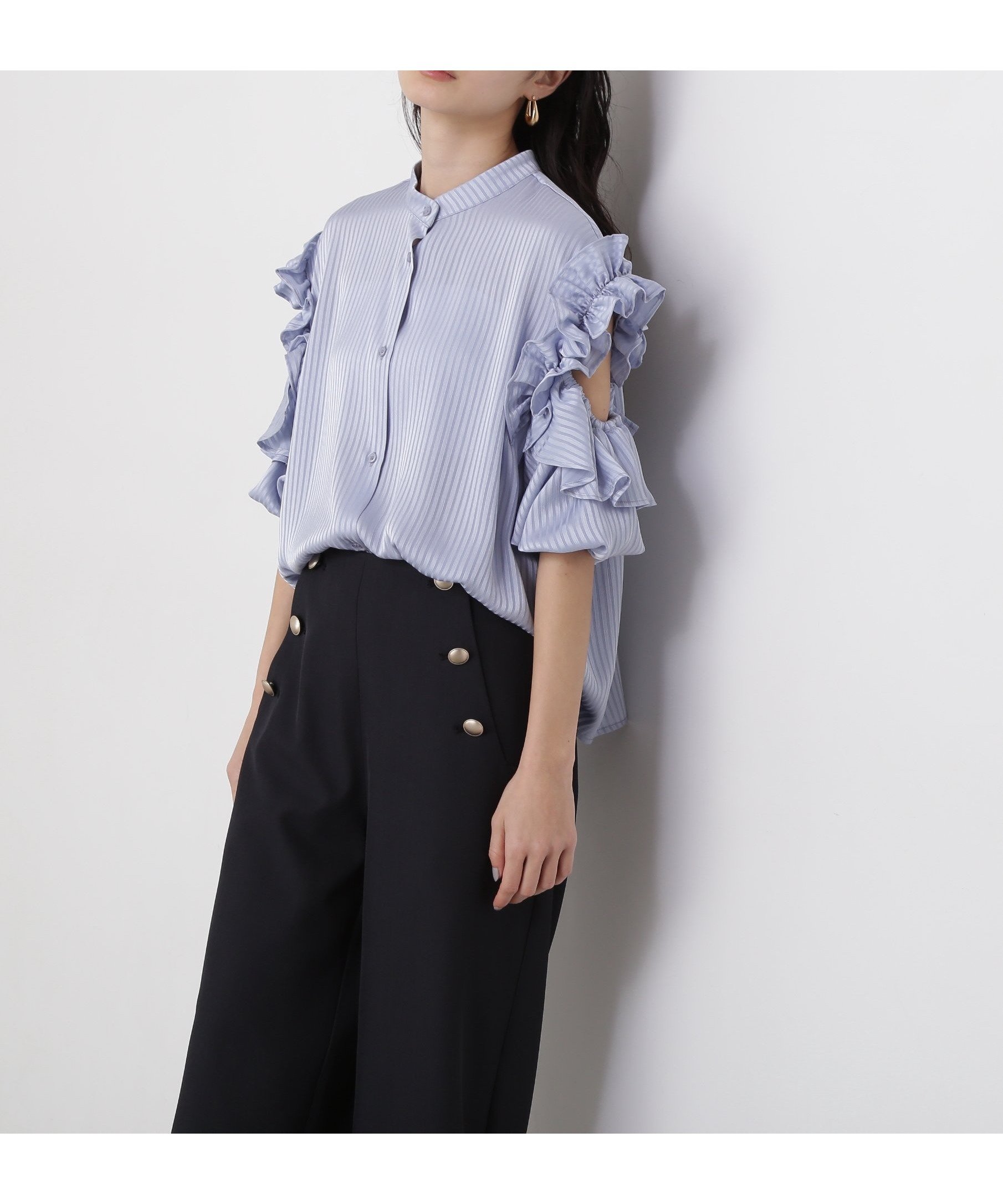 【エヌ ナチュラルビューティーベーシック/N.Natural Beauty basic】のラッフルスリーブブラウス インテリア・キッズ・メンズ・レディースファッション・服の通販 founy(ファニー) 　ファッション　Fashion　レディースファッション　WOMEN　トップス・カットソー　Tops/Tshirt　シャツ/ブラウス　Shirts/Blouses　カッティング　Cutting　コンシャス　Conscious　ストライプ　Stripe　フェミニン　Feminine　ラッフル　Raffle　ブルー|ID: prp329100004539303 ipo3291000000032295658