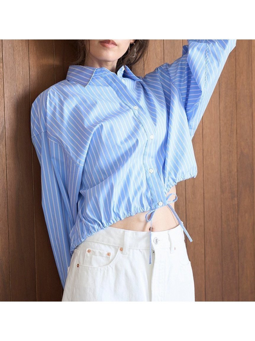 【ミラオーウェン/Mila Owen】のドロストショートシャツ インテリア・キッズ・メンズ・レディースファッション・服の通販 founy(ファニー) 　雑誌掲載アイテム　Magazine Items　ファッション雑誌　Fashion Magazines　ストーリィ　STORY　ビジンヒャッカ　美人百花　ファッション　Fashion　レディースファッション　WOMEN　トップス・カットソー　Tops/Tshirt　シャツ/ブラウス　Shirts/Blouses　春　Spring　5月号　May Issue　ショート　Short　シンプル　Simple　ストライプ　Stripe　スマート　Smart　雑誌　Magazine　定番　Standard　バランス　Balance　フォルム　Form　フロント　Front　モダン　Modern　6月号　June Issue　リラックス　Relax　エレガント 上品　Elegant　BLU[086]|ID: prp329100004539319 ipo3291000000032153930