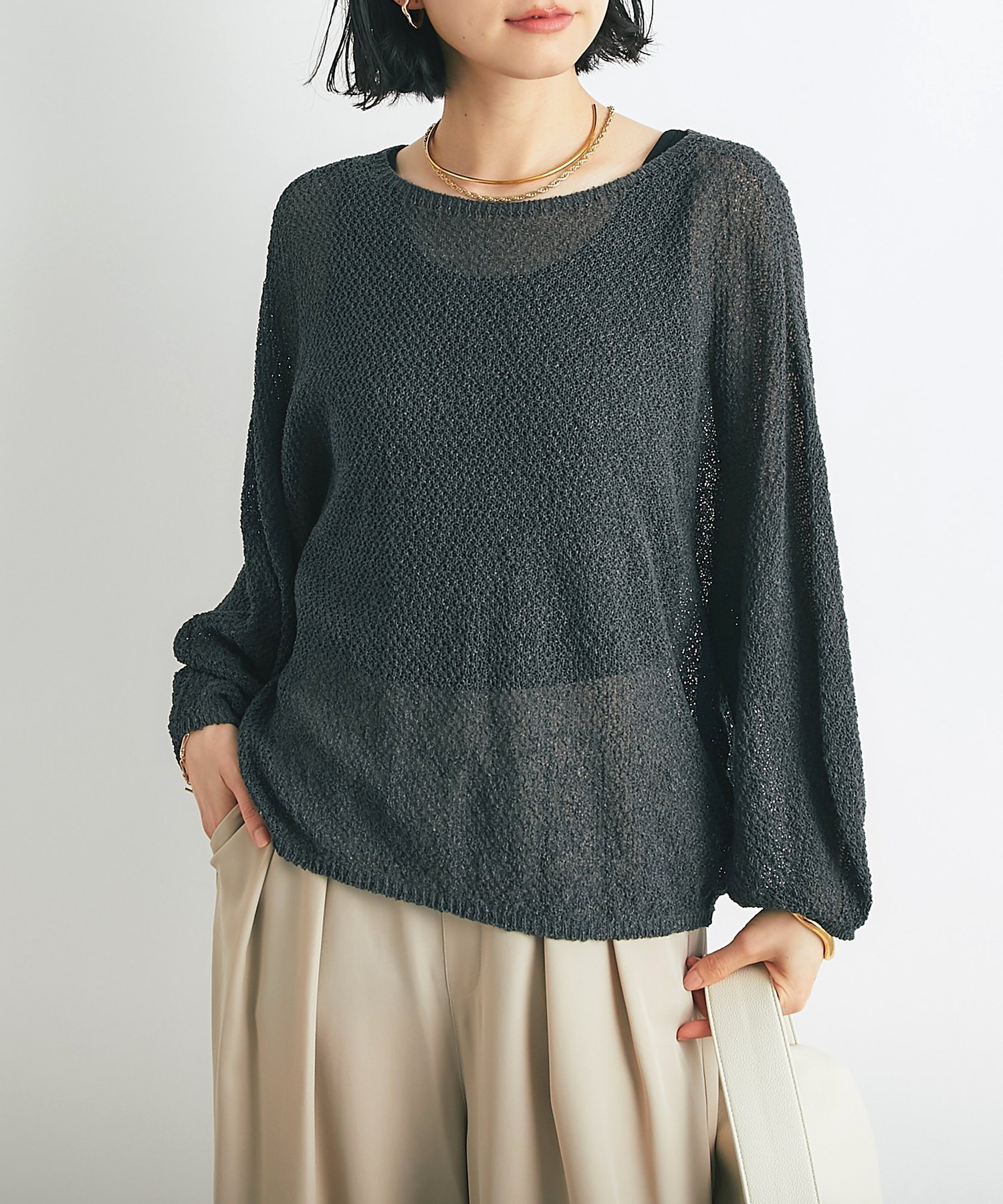 【アンディコール/un dix cors】の《軽量・通気性・吸水速乾性》スクエア和紙ニット インテリア・キッズ・メンズ・レディースファッション・服の通販 founy(ファニー) 　ファッション　Fashion　レディースファッション　WOMEN　トップス・カットソー　Tops/Tshirt　ニット　Knit Tops　ウェーブ　Wave　吸水　Water Absorption　軽量　Lightweight　シンプル　Simple　スクエア　Square　ストレート　Straight　透かし　Watermark　夏　Summer　チャコールグレー|ID: prp329100004539326 ipo3291000000032073621