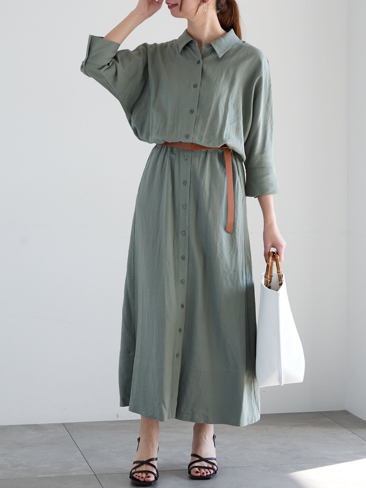 【テチチ/Te chichi】のベルト付きレーヨンリネンシャツワンピース インテリア・キッズ・メンズ・レディースファッション・服の通販 founy(ファニー) 　ファッション　Fashion　レディースファッション　WOMEN　ワンピース　Dress　シャツワンピース　Shirt Dresses　ベルト　Belts　リネン　Linen　カーキ|ID: prp329100004539750 ipo3291000000032076671