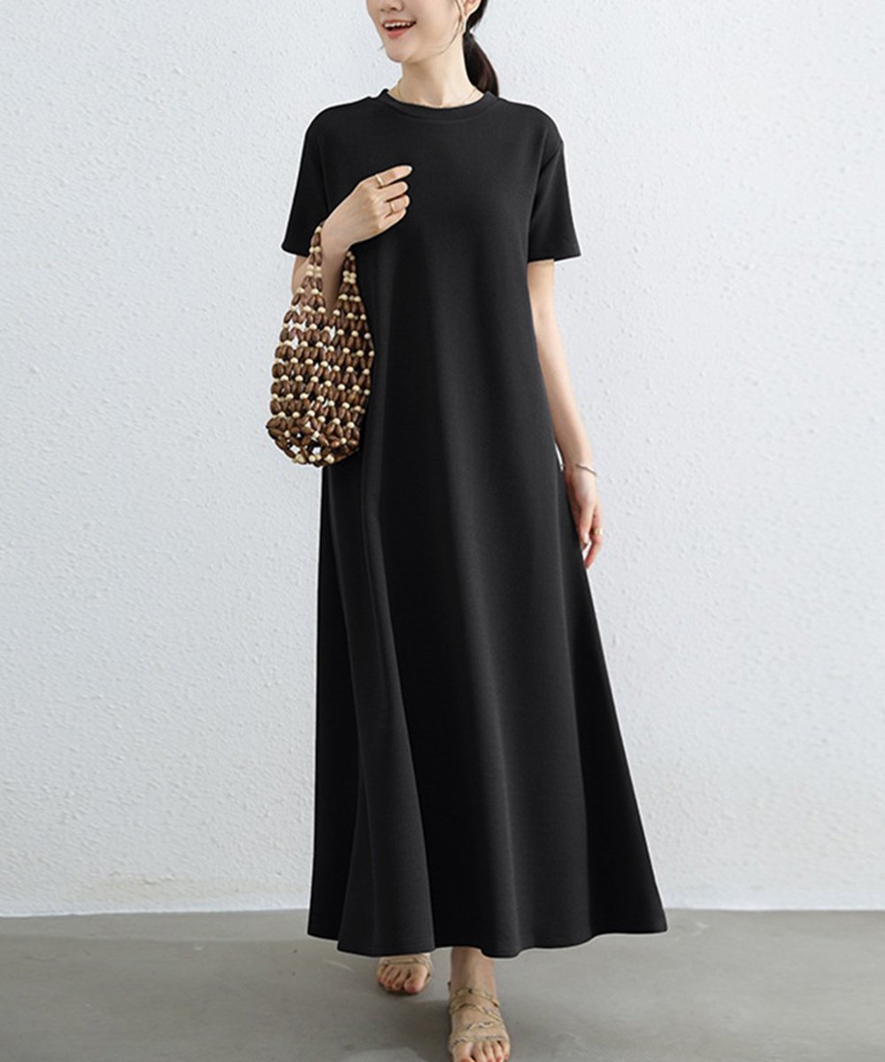 【ミニミニストア/miniministore】のAラインTシャツワンピース 体型カバー夏 インテリア・キッズ・メンズ・レディースファッション・服の通販 founy(ファニー) 　ファッション　Fashion　レディースファッション　WOMEN　ワンピース　Dress　シャツワンピース　Shirt Dresses　シンプル　Simple　ミモレ　Mimore　リラックス　Relax　ロング　Long　人気　Popularity　半袖　Short Sleeve　夏　Summer　無地　Plain Color　ブラック|ID: prp329100004539913 ipo3291000000032157299