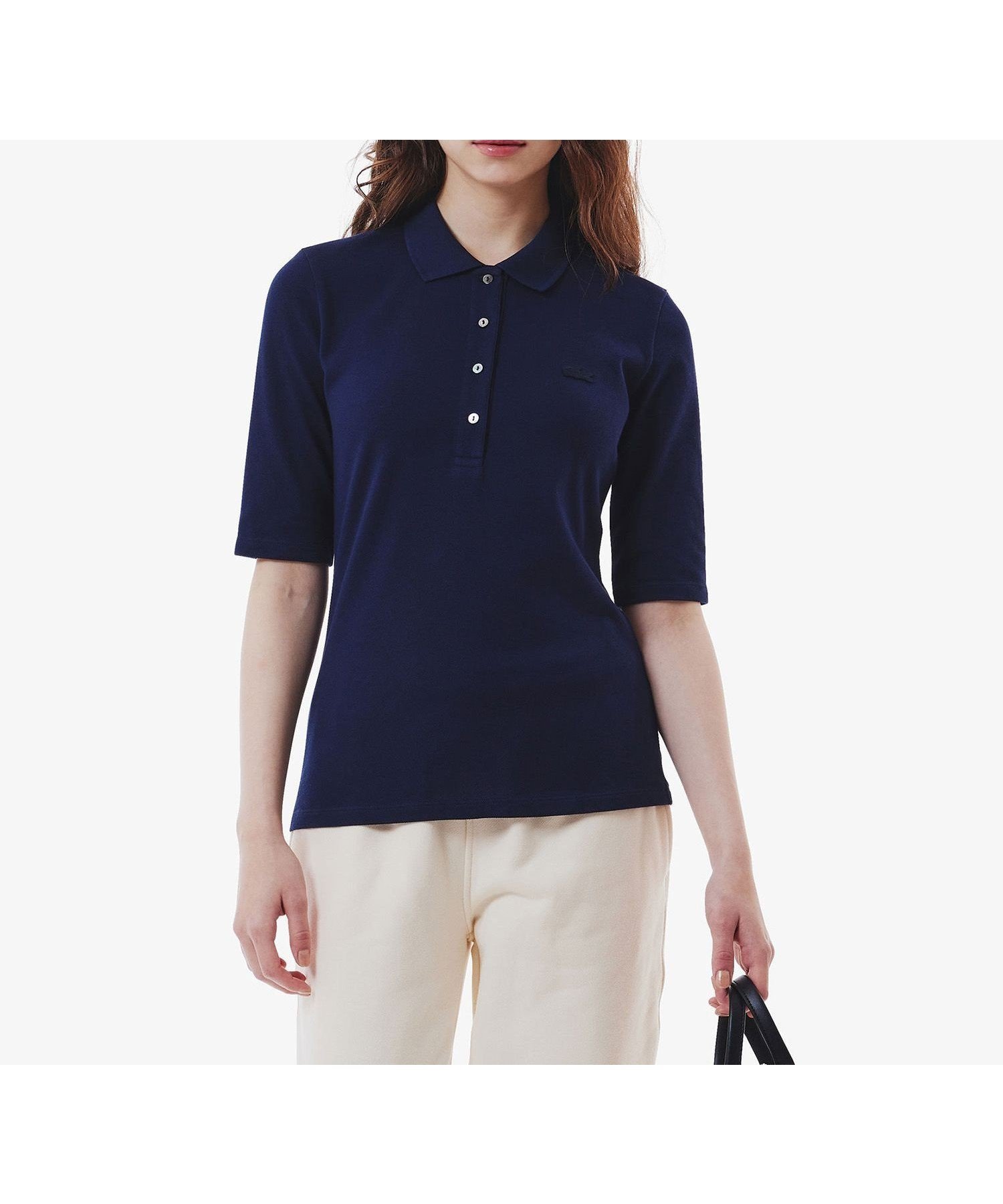 【ラコステ/LACOSTE】のスリムフィットハーフスリーブポロシャツ インテリア・キッズ・メンズ・レディースファッション・服の通販 founy(ファニー) 　ファッション　Fashion　レディースファッション　Ladies' Fashion Online　トップス・カットソー　Tops/Tshirt　シャツ/ブラウス　Shirts/Blouses　ポロシャツ　Polo Shirts　シンプル　Simple　ストレッチ　Stretch　フェミニン　Feminine　鹿の子　Pique　ネイビー|ID: prp329100004539990 ipo3291000000032609423