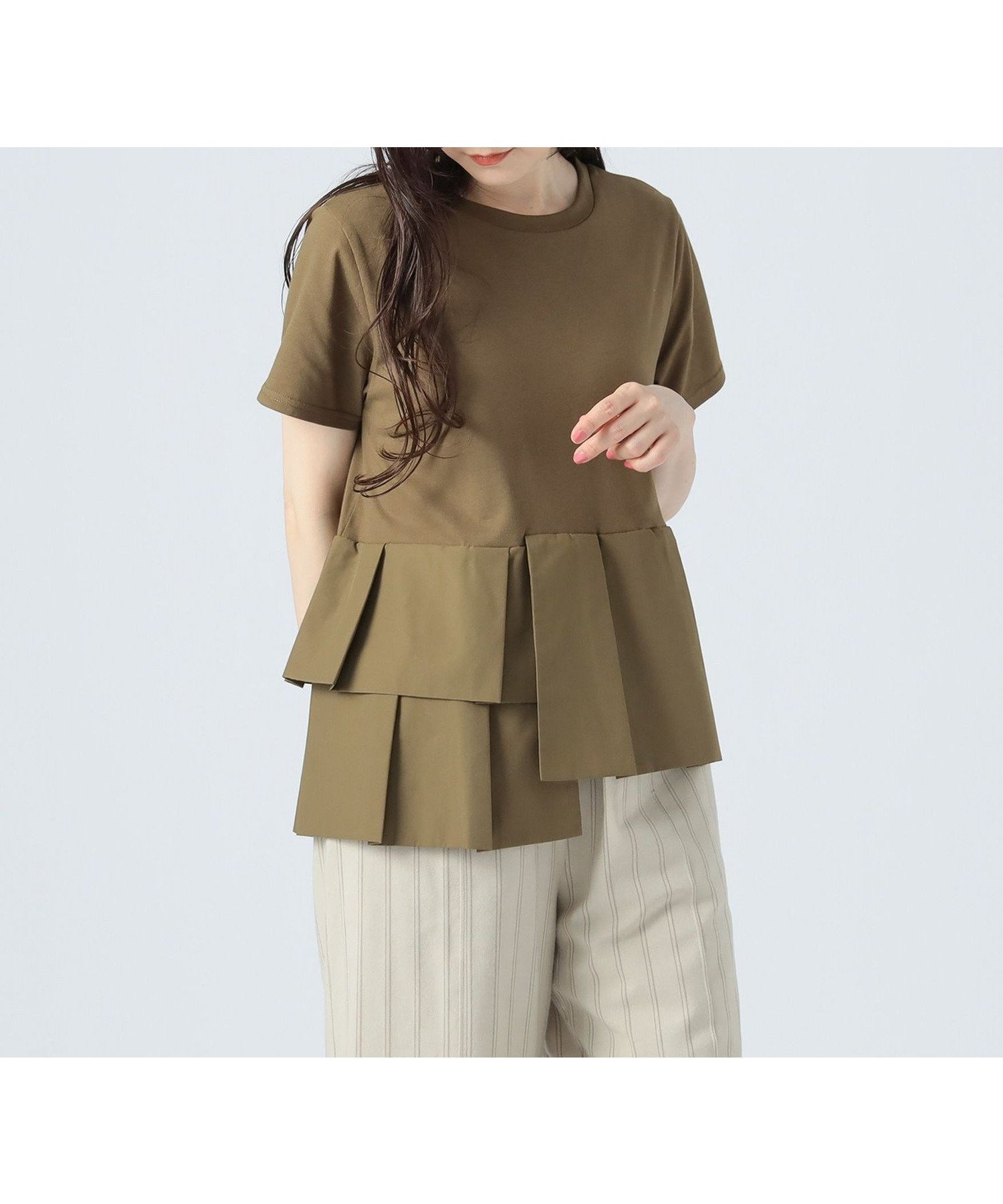 【ビームス ハート/BEAMS HEART】のアシンメトリー 異素材プルオーバー インテリア・キッズ・メンズ・レディースファッション・服の通販 founy(ファニー) 　ファッション　Fashion　レディースファッション　WOMEN　トップス・カットソー　Tops/Tshirt　プルオーバー　Pullover　おすすめ　Recommend　アシンメトリー　Asymmetry　カットソー　Cut And Sew　シューズ　Shoes　スラックス　Slacks　デニム　Denim　ブロード　Broad　エレガント 上品　Elegant　人気　Popularity　KHAKI|ID: prp329100004540658 ipo3291000000032281805