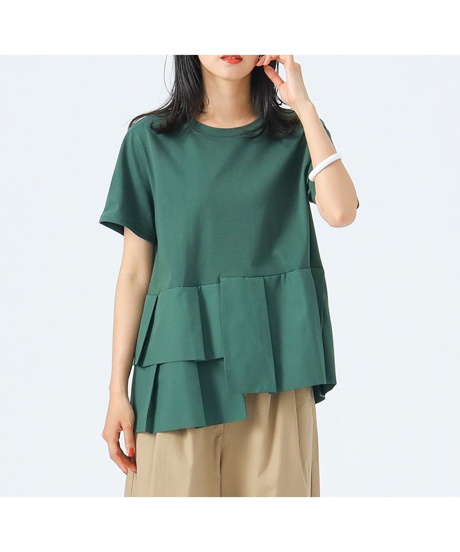 【ビームス ハート/BEAMS HEART】のアシンメトリー 異素材プルオーバー インテリア・キッズ・メンズ・レディースファッション・服の通販 founy(ファニー) 　ファッション　Fashion　レディースファッション　WOMEN　トップス・カットソー　Tops/Tshirt　プルオーバー　Pullover　おすすめ　Recommend　アシンメトリー　Asymmetry　カットソー　Cut And Sew　シューズ　Shoes　スラックス　Slacks　デニム　Denim　ブロード　Broad　エレガント 上品　Elegant　人気　Popularity　DARK GREEN|ID: prp329100004540658 ipo3291000000032281807