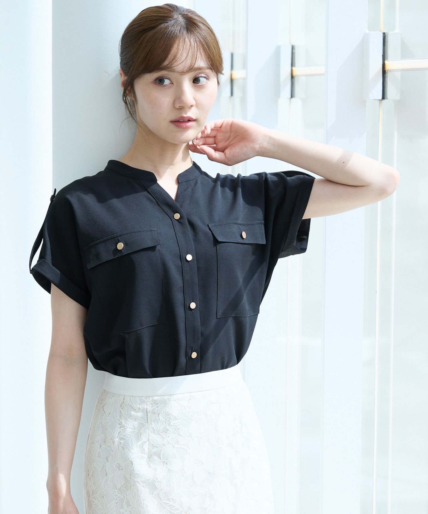 【アンデミュウ/Andemiu】のキンボタンサファリシャツ 人気、トレンドファッション・服の通販 founy(ファニー) 　ファッション　Fashion　レディースファッション　Fashion for Women　トップス・カットソー　Cut & Sew Tops　シャツ・ブラウス・オフィスカジュアル　Elegant Blouses & Button-Ups　おすすめ　Recommended / Our Picks　スキッパー　Skipper, Open Collar　デニム　Denim, Jeans Material　ハーフ　Half, Half-Length　フレア　Flare, Flared　フレンチ　French, French Style　ボトム　Bottoms, Lower Wear　ポケット　Pocket, Pocket Detail　夏　Summer　 other-1|ID: prp329100004540801 ipo3291000000032715170