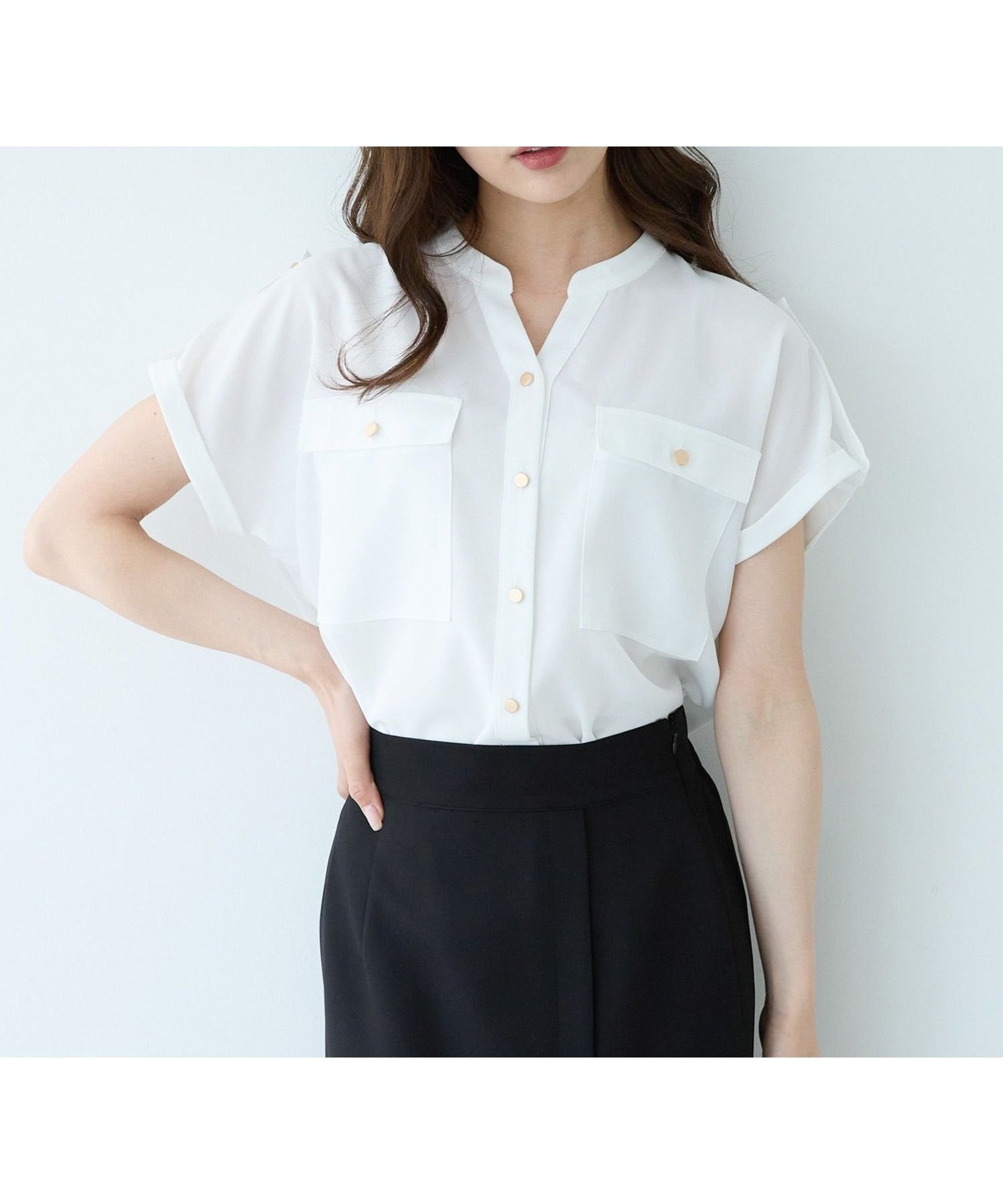 【アンデミュウ/Andemiu】のキンボタンサファリシャツ インテリア・キッズ・メンズ・レディースファッション・服の通販 founy(ファニー) 　ファッション　Fashion　レディースファッション　Fashion for Women　トップス・カットソー　Cut & Sew Tops　シャツ・ブラウス・オフィスカジュアル　Elegant Blouses & Button-Ups　おすすめ　Recommended / Our Picks　スキッパー　Skipper, Open Collar　デニム　Denim, Jeans Material　ハーフ　Half, Half-Length　フレア　Flare, Flared　フレンチ　French, French Style　ボトム　Bottoms, Lower Wear　ポケット　Pocket, Pocket Detail　夏　Summer　オフ|ID: prp329100004540801 ipo3291000000032715172
