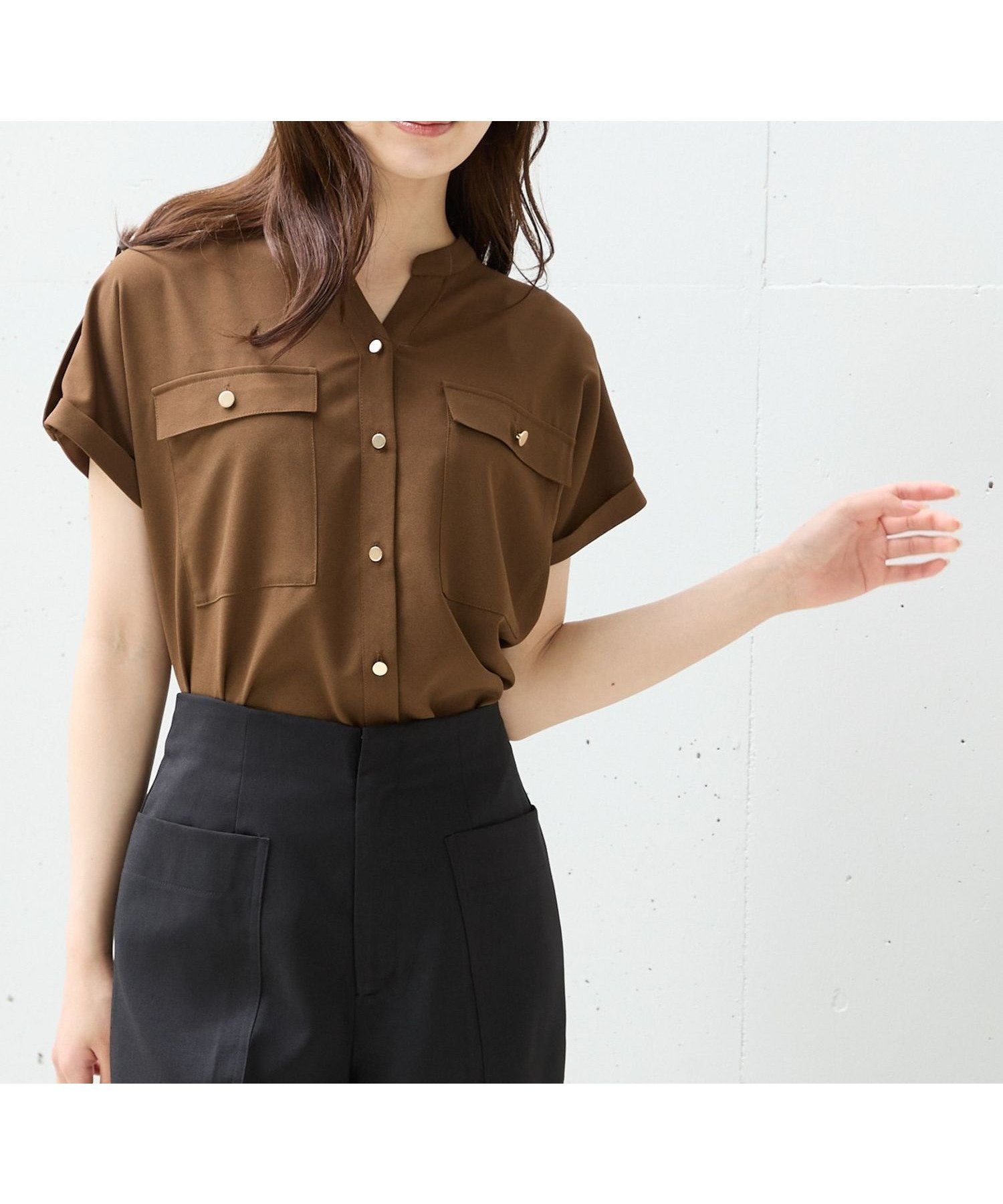 【アンデミュウ/Andemiu】のキンボタンサファリシャツ インテリア・キッズ・メンズ・レディースファッション・服の通販 founy(ファニー) 　ファッション　Fashion　レディースファッション　Fashion for Women　トップス・カットソー　Cut & Sew Tops　シャツ・ブラウス・オフィスカジュアル　Elegant Blouses & Button-Ups　おすすめ　Recommended / Our Picks　スキッパー　Skipper, Open Collar　デニム　Denim, Jeans Material　ハーフ　Half, Half-Length　フレア　Flare, Flared　フレンチ　French, French Style　ボトム　Bottoms, Lower Wear　ポケット　Pocket, Pocket Detail　夏　Summer　ブラウン|ID: prp329100004540801 ipo3291000000032715175