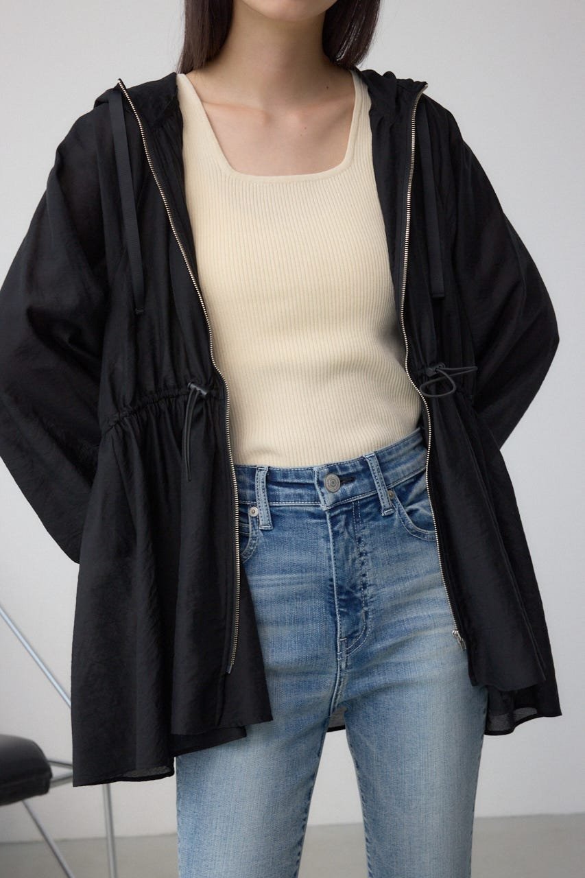 【アズール バイ マウジー/AZUL by moussy】のシアーミドル丈ドロストブルゾン インテリア・キッズ・メンズ・レディースファッション・服の通販 founy(ファニー) 　ファッション　Fashion　レディースファッション　WOMEN　アウター　Coat Outerwear　ブルゾン　Blouson/Jackets　スリーブ　Sleeve　デニム　Denim　バルーン　Balloon　フレア　Flare　ミドル　Middle　BLK|ID: prp329100004540931 ipo3291000000032298435