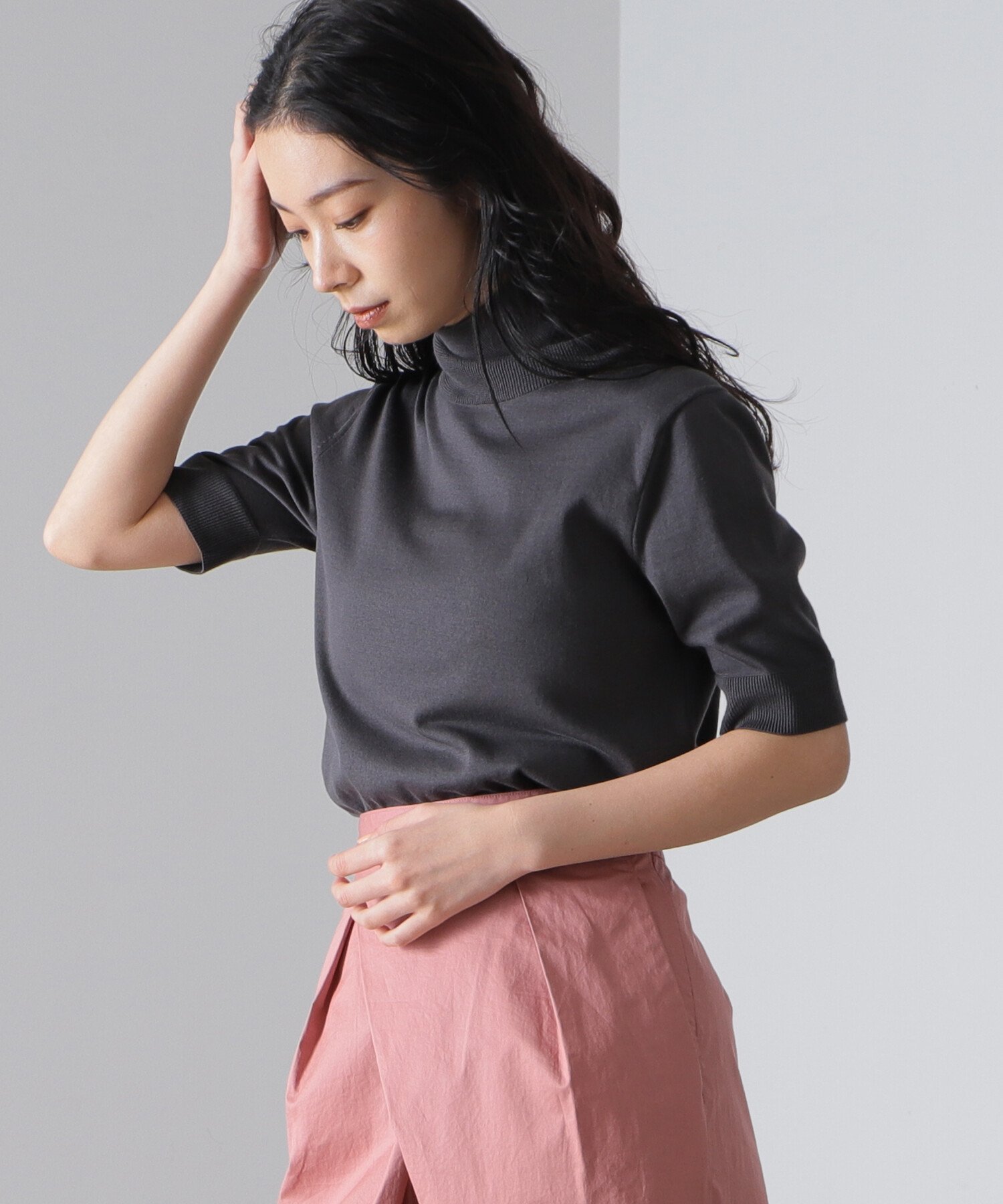 【デミルクス ビームス/Demi-Luxe BEAMS】の【ビームスの百名品】AK+1 / コットン 五分袖 ハイネックニット インテリア・キッズ・メンズ・レディースファッション・服の通販 founy(ファニー) 　ファッション　Fashion　レディースファッション　WOMEN　トップス・カットソー　Tops/Tshirt　ニット　Knit Tops　おすすめ　Recommend　タートルネック　Turtleneck　ハイネック　High Neck　CHARCOAL.G|ID: prp329100004540978 ipo3291000000032291710